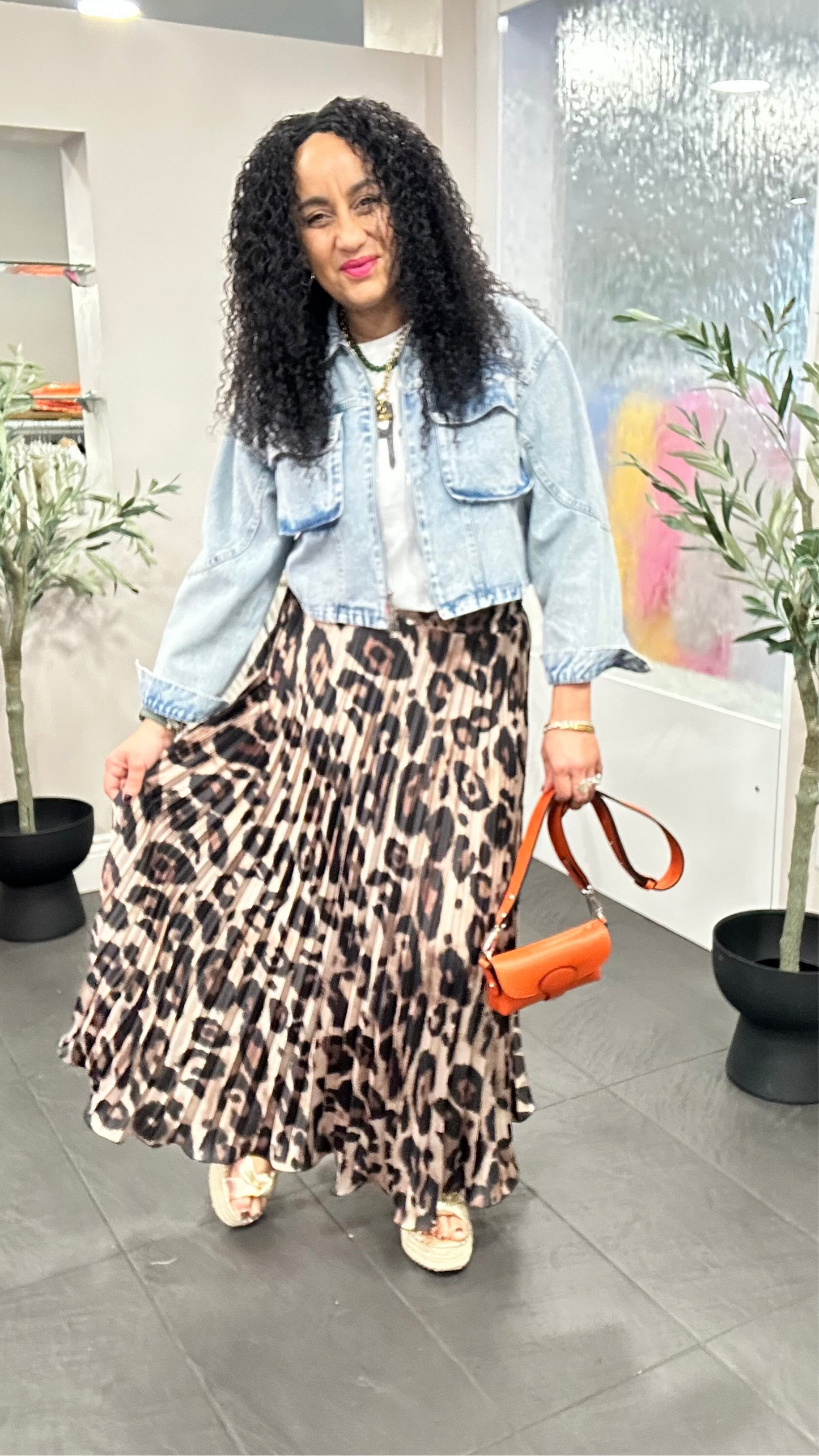 SALE ABBIE LEOPARD PRINT SATIN PLEATED MAXI SKIRT BROWN