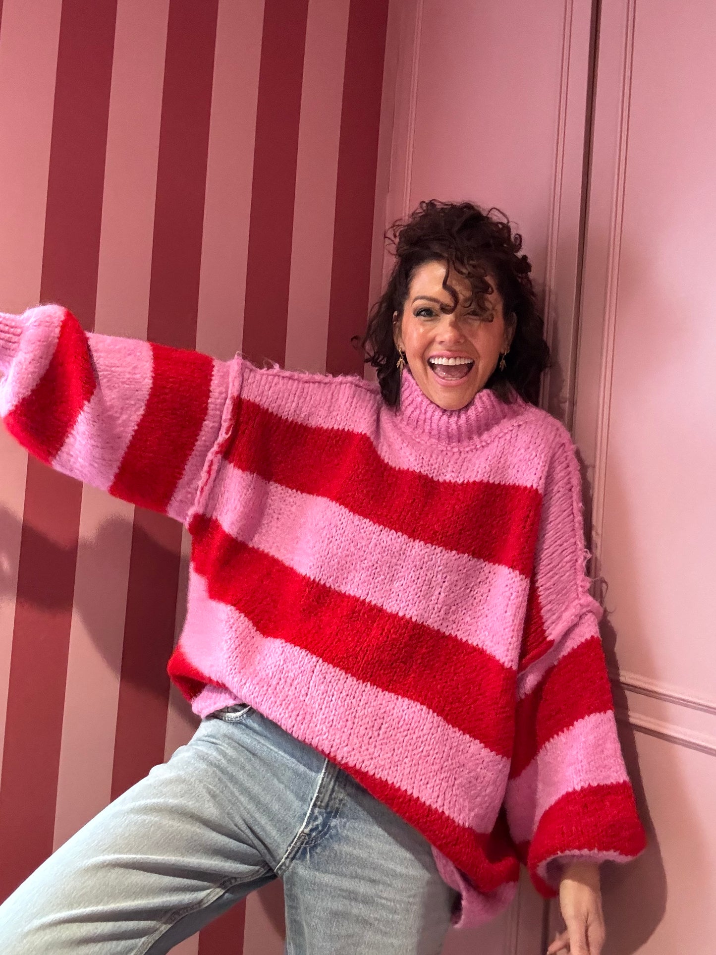 ALEX STRIPED RAW EDGE BALLOON SLEEVED JUMPER CANDY CANE RED & PINK *New