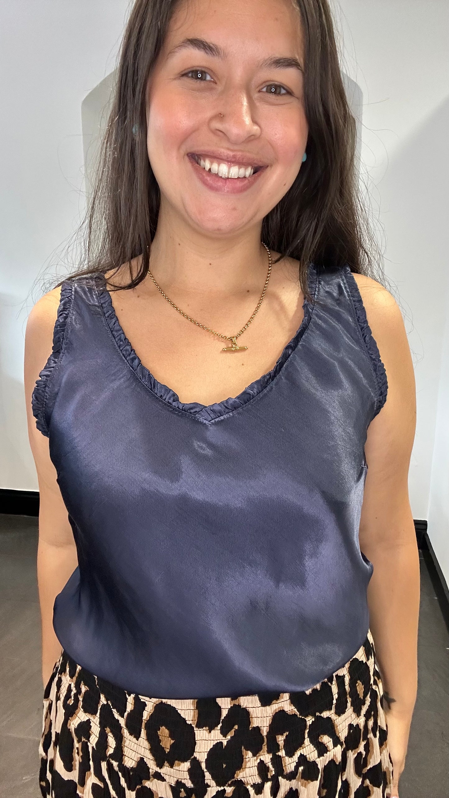 ANNA FRILL TRIM SATIN FEEL VEST NAVY *New