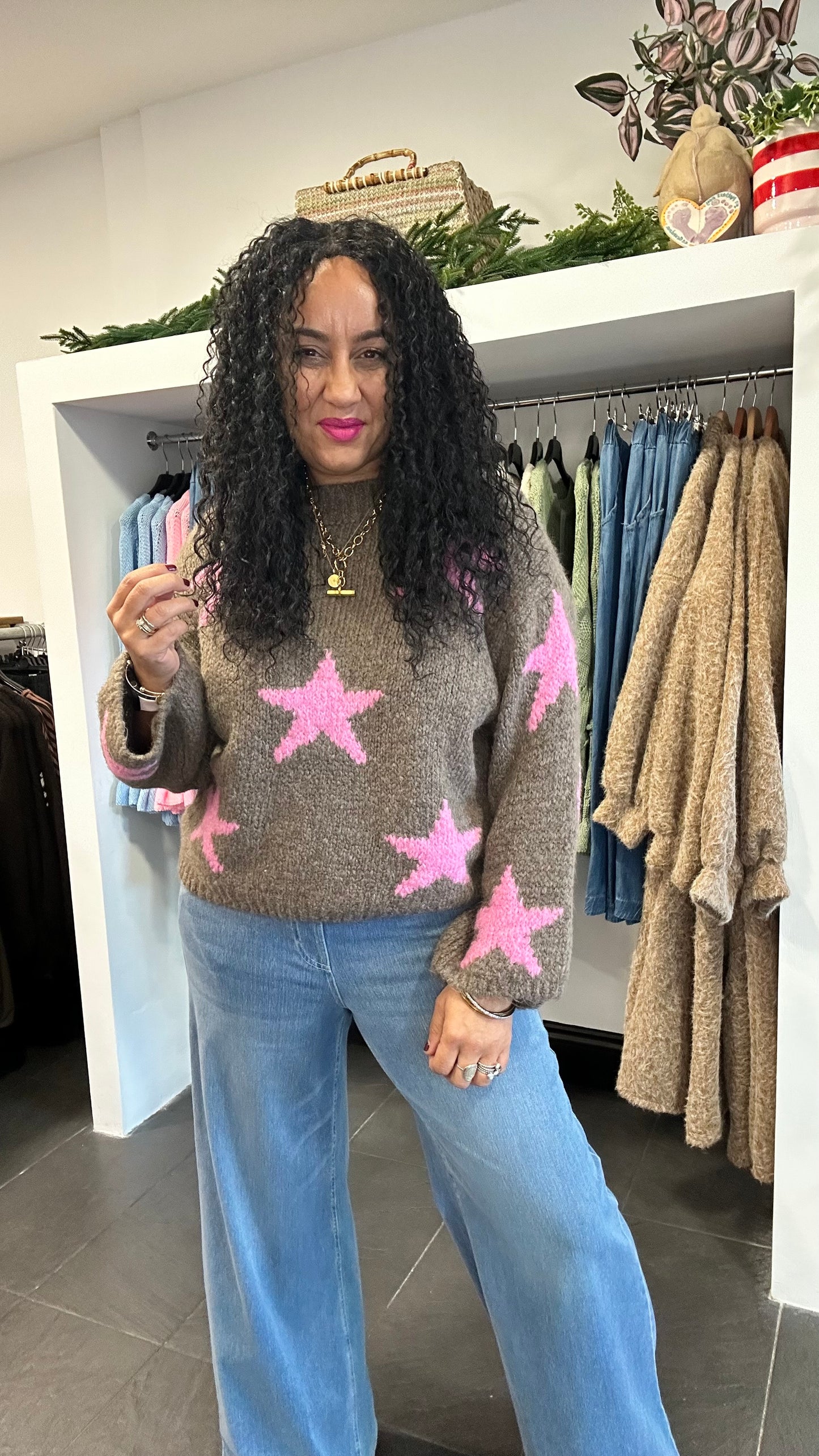 STARRY KNIT BROWN & PINK *New