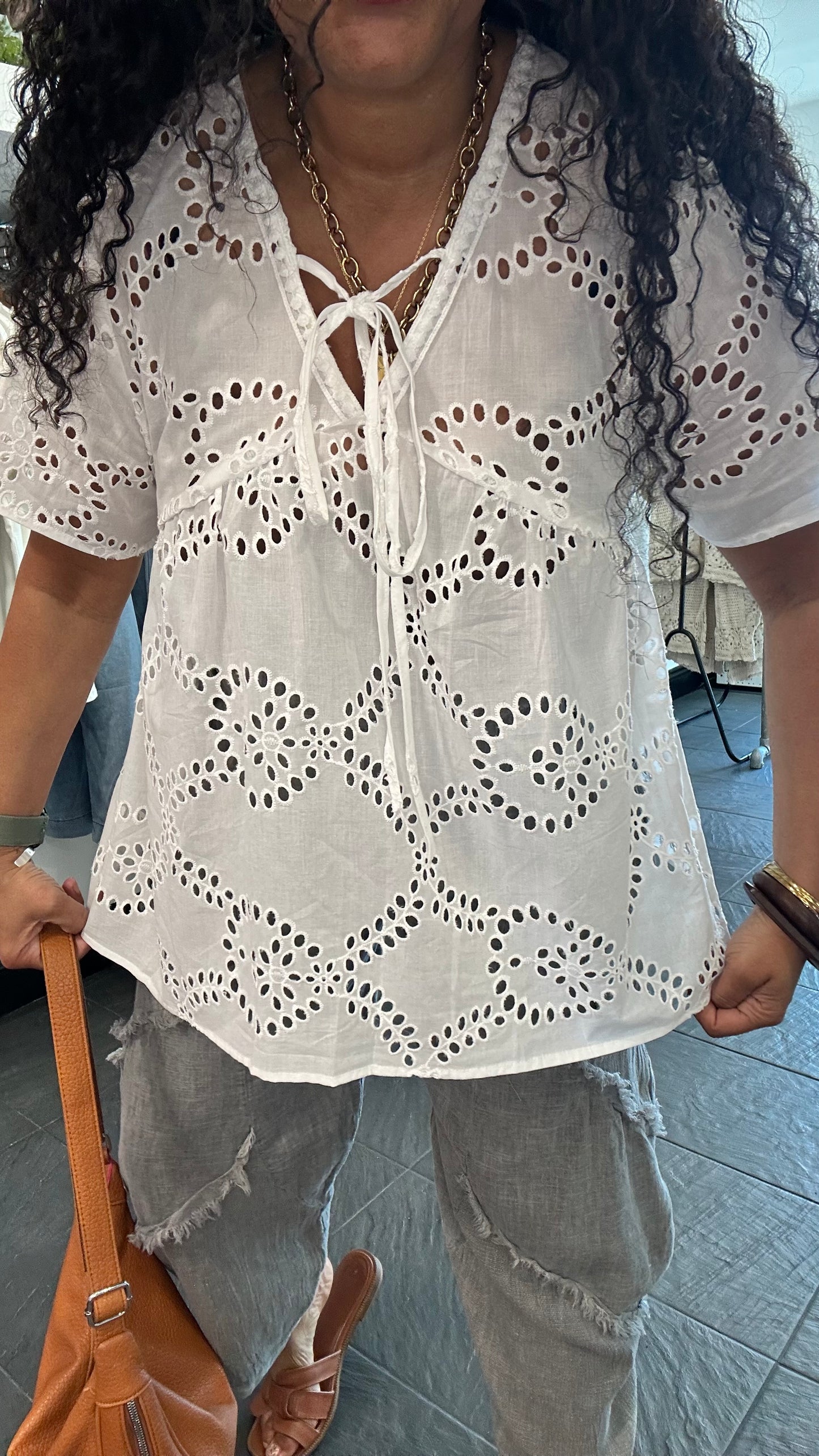 SALE DOT EMBROIDERY ANGLAISE SMOCK TOP WHITE