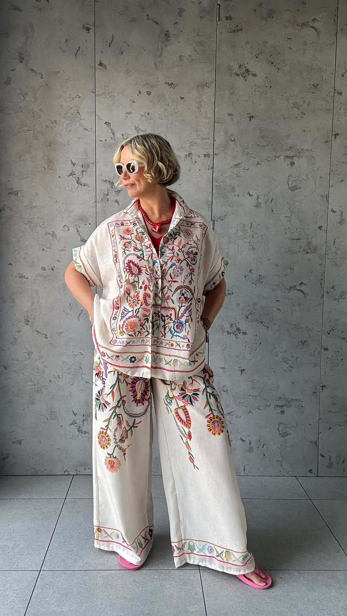 CLEO LASER FLORAL EMBROIDERED BOHO WIDE LEG TROUSERS BEIGE *New