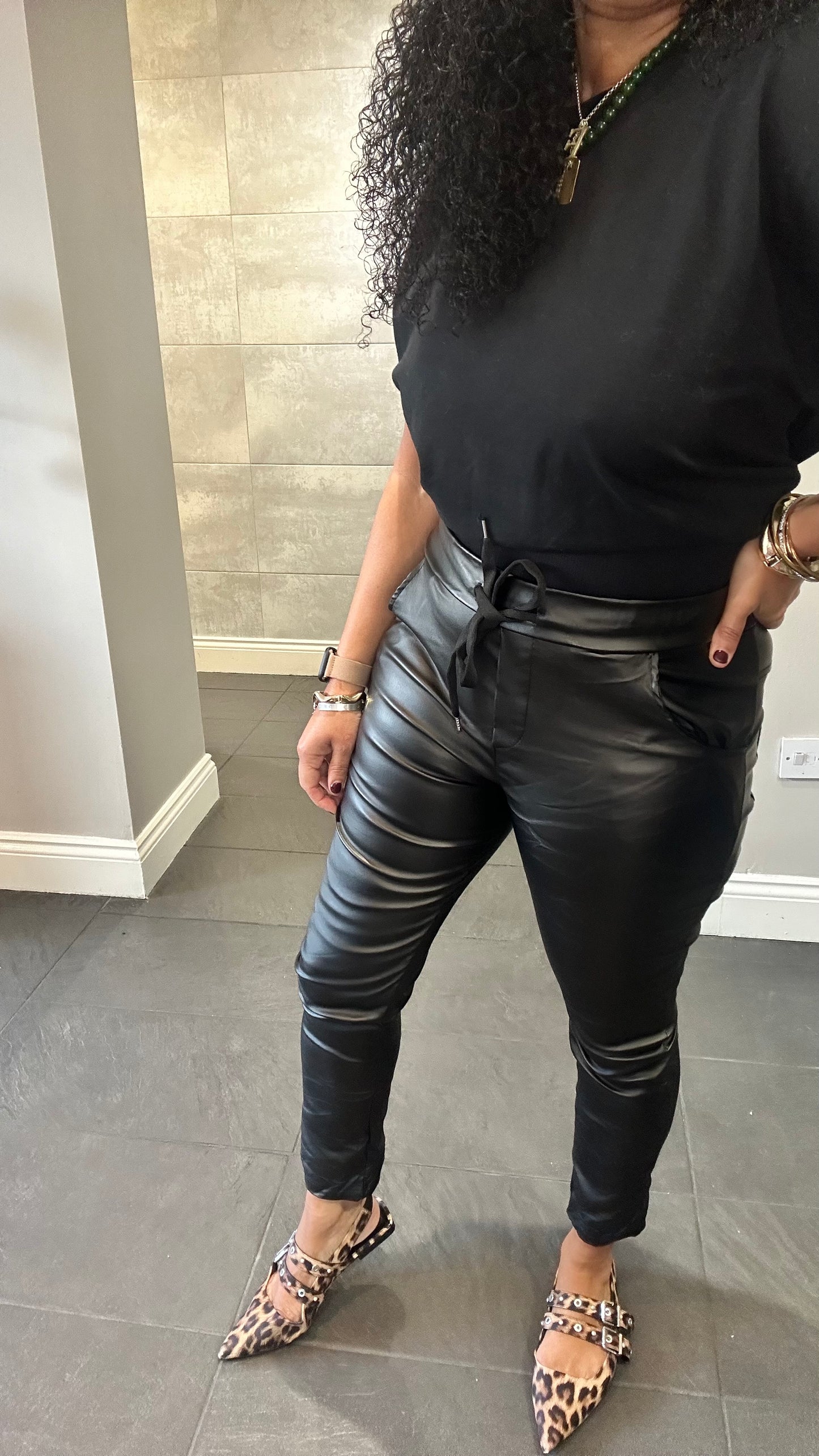 SALE JULIA STRETCH FAUX LEATHER JOGGERS BLACK