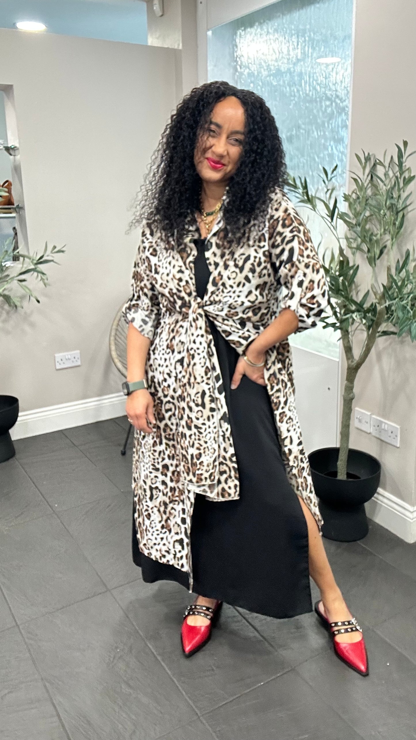 SALE CHIC TRADITIONAL LEOPARD PRINT TIE-FRONT MIDAXI DRESS