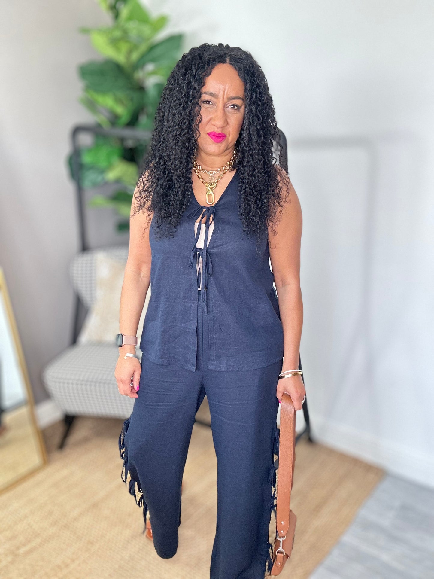 SALE LINEN BOW TIE VEST NAVY