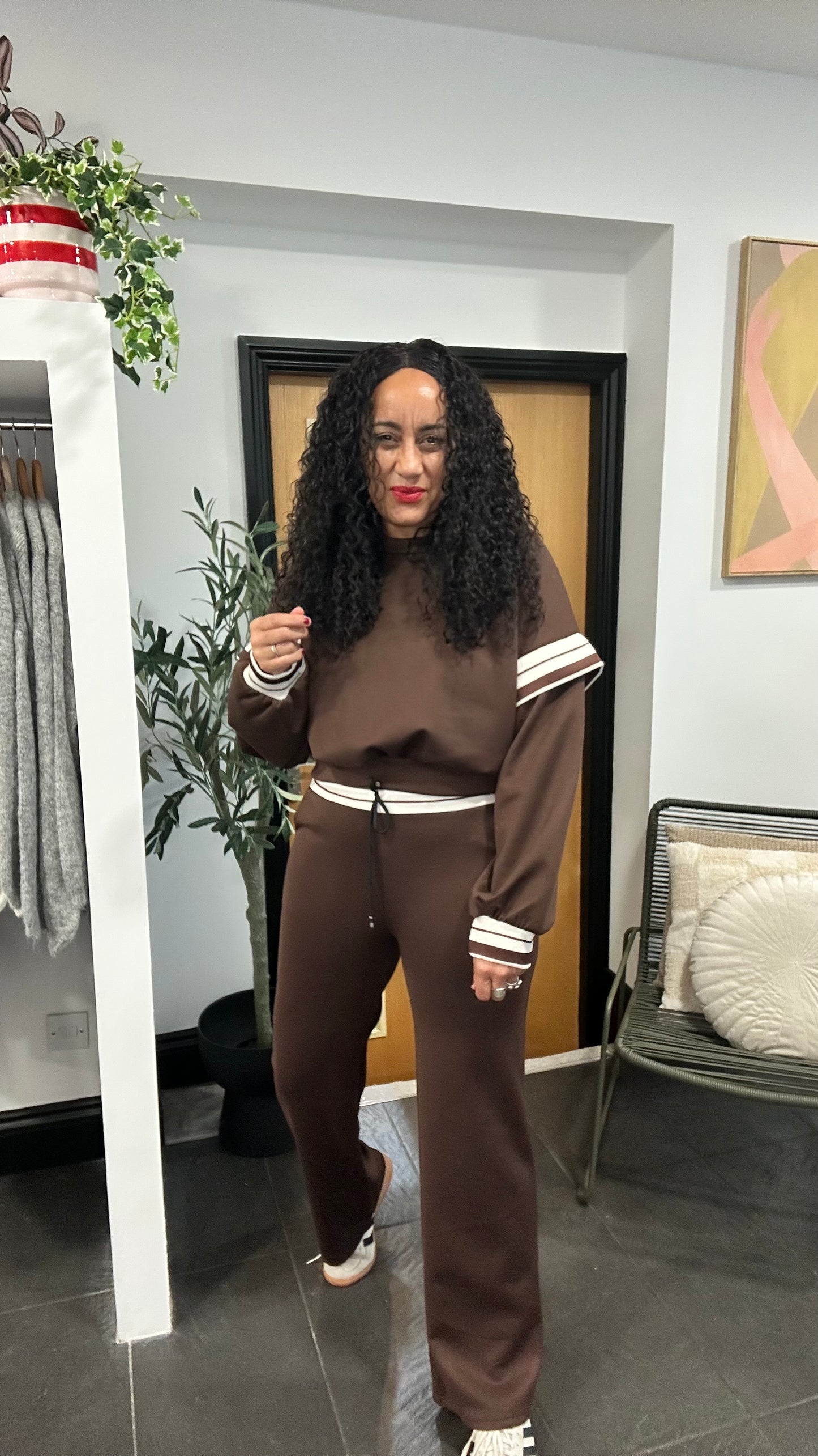 JOANNA STRIPED SLEEVED LOUNGEWEAR SET DEEP BROWN *New