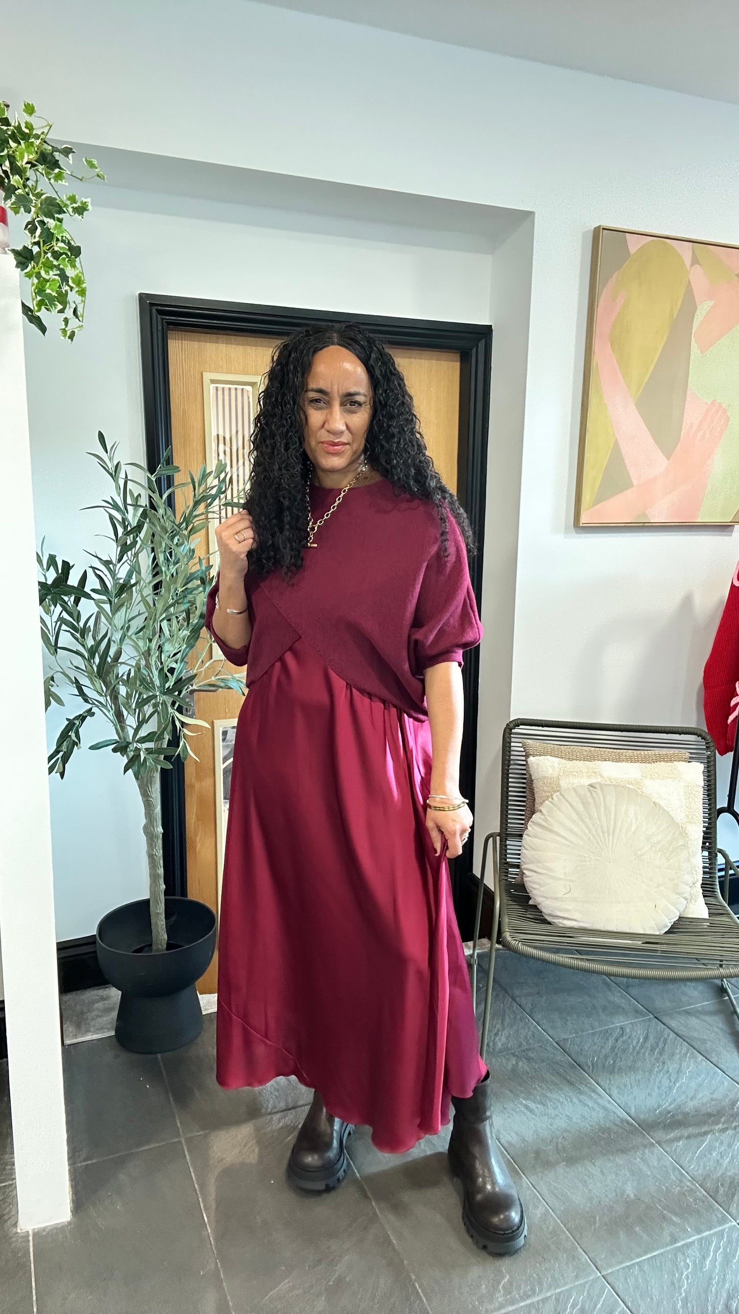 MABLE OPEN KNIT AND SATIN MAXI DRESS BURGUNDY *New