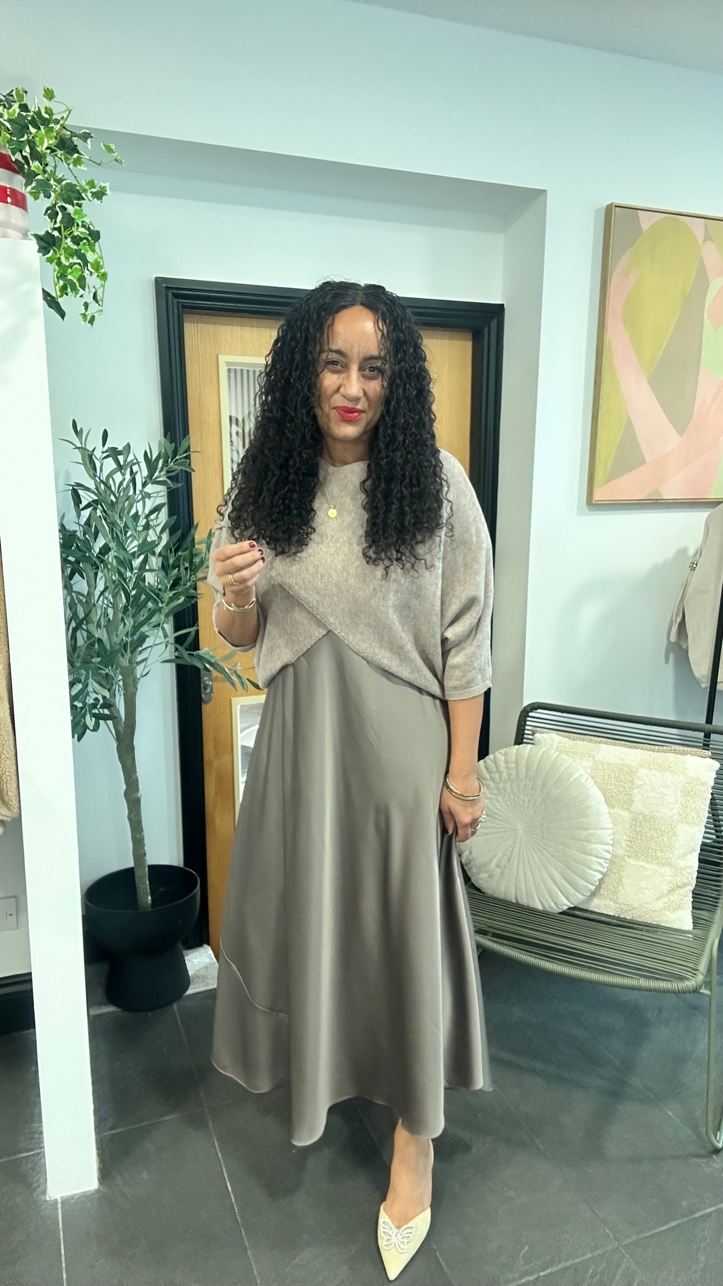MABLE OPEN KNIT AND SATIN MAXI DRESS MOCHA *New