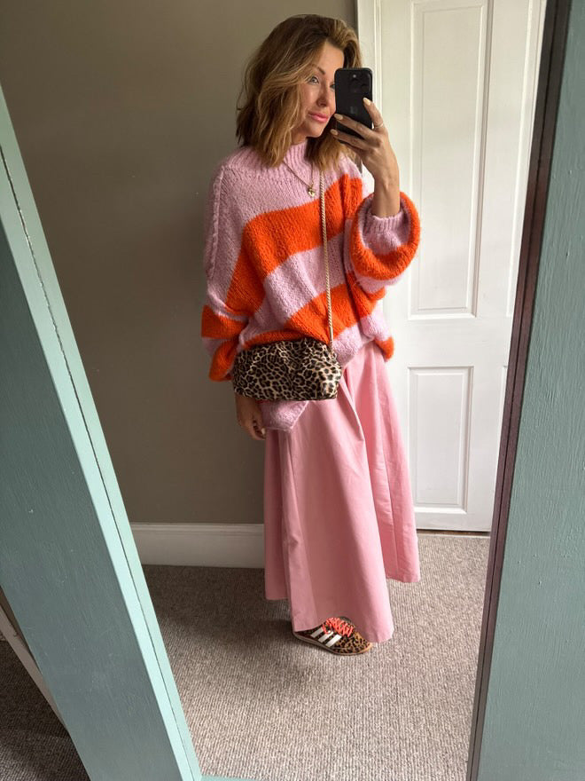 ALEX STRIPED RAW EDGE BALLOON SLEEVED JUMPER FRUIT SALAD ORANGE & PINK *New