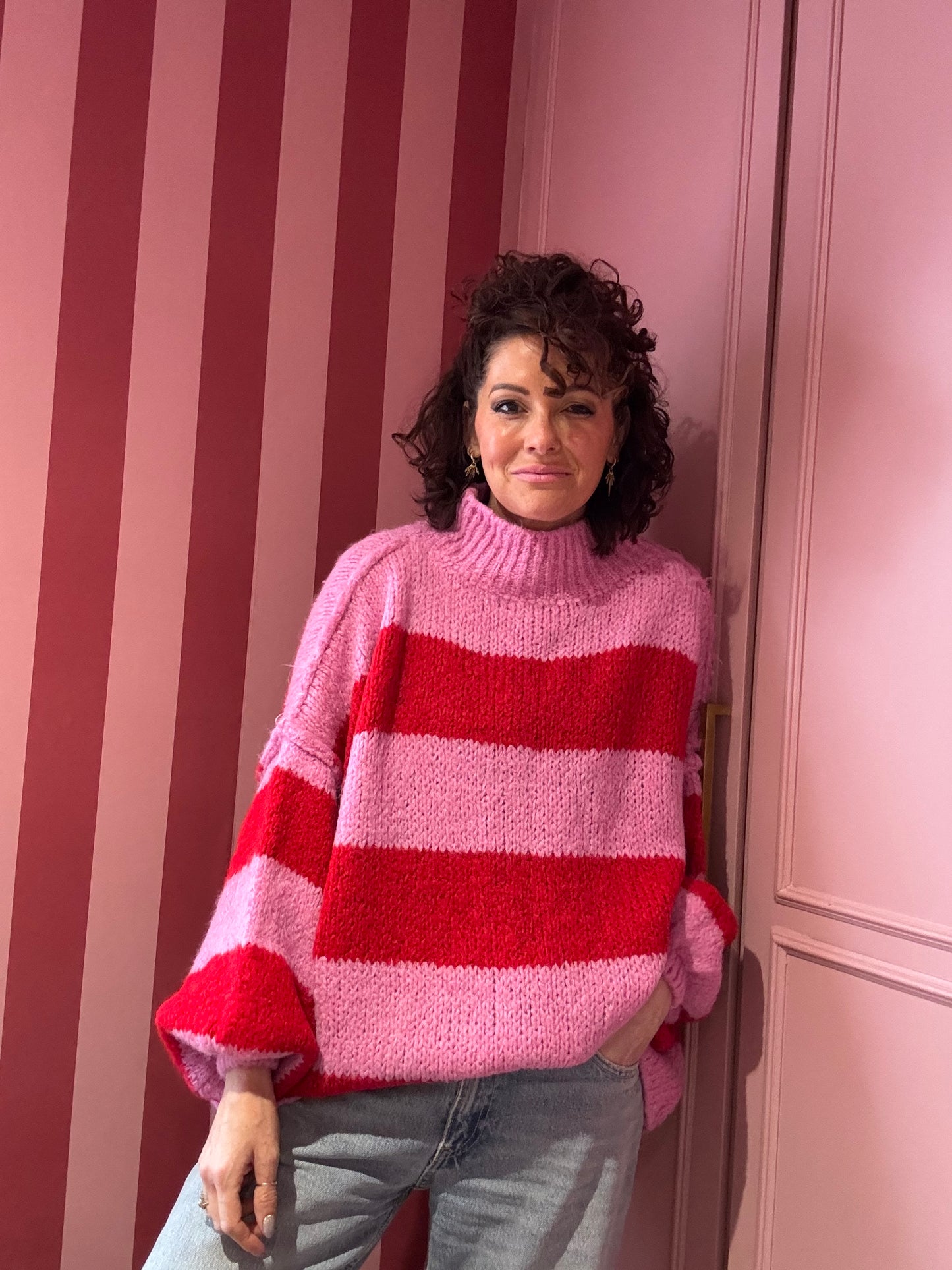 ALEX STRIPED RAW EDGE BALLOON SLEEVED JUMPER CANDY CANE RED & PINK *New