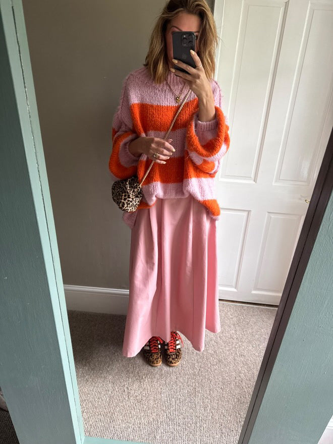 ALEX STRIPED RAW EDGE BALLOON SLEEVED JUMPER FRUIT SALAD ORANGE & PINK *New