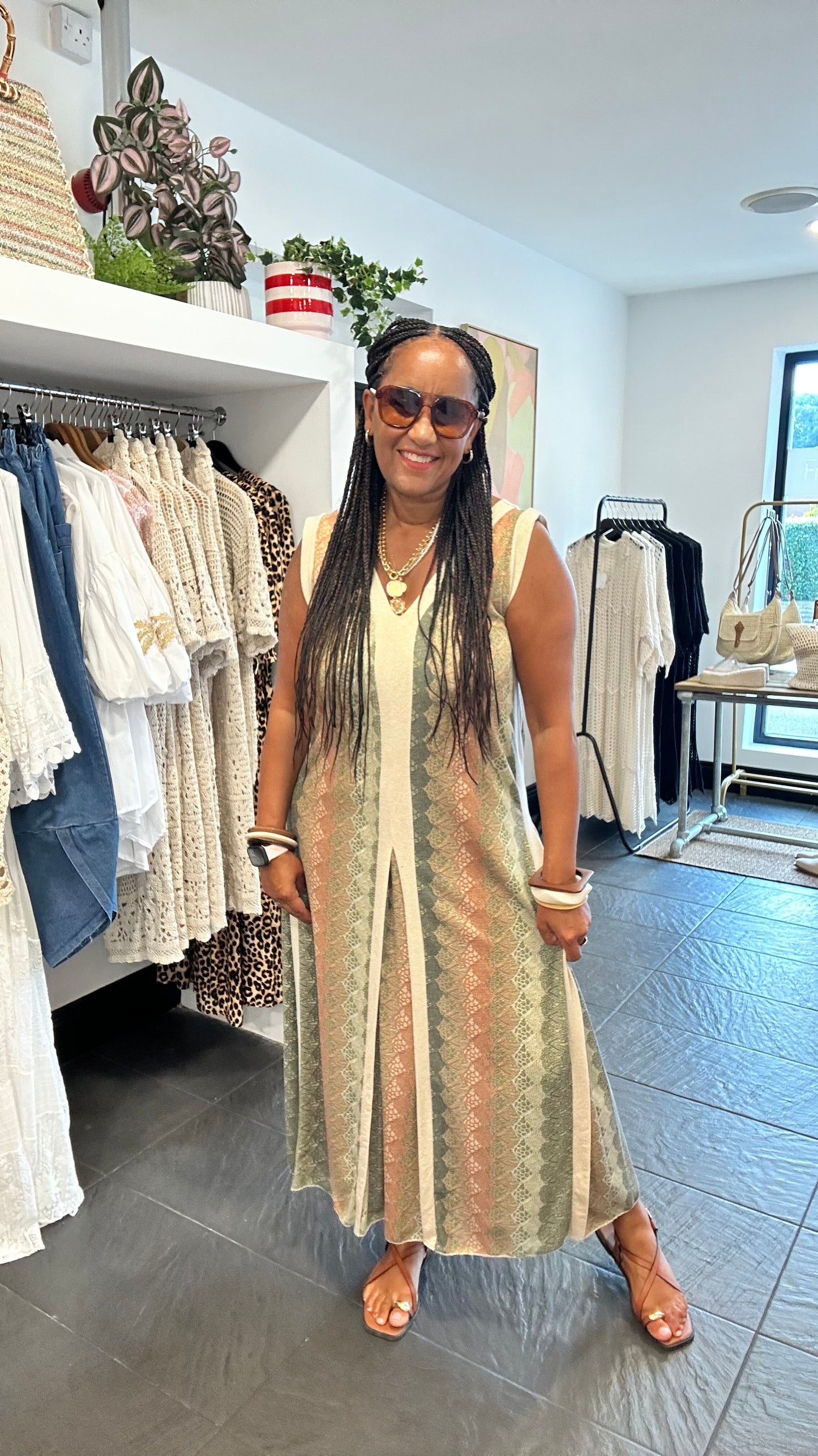 SAFI WOVEN MAXI DRESS GREEN & CREAM *New