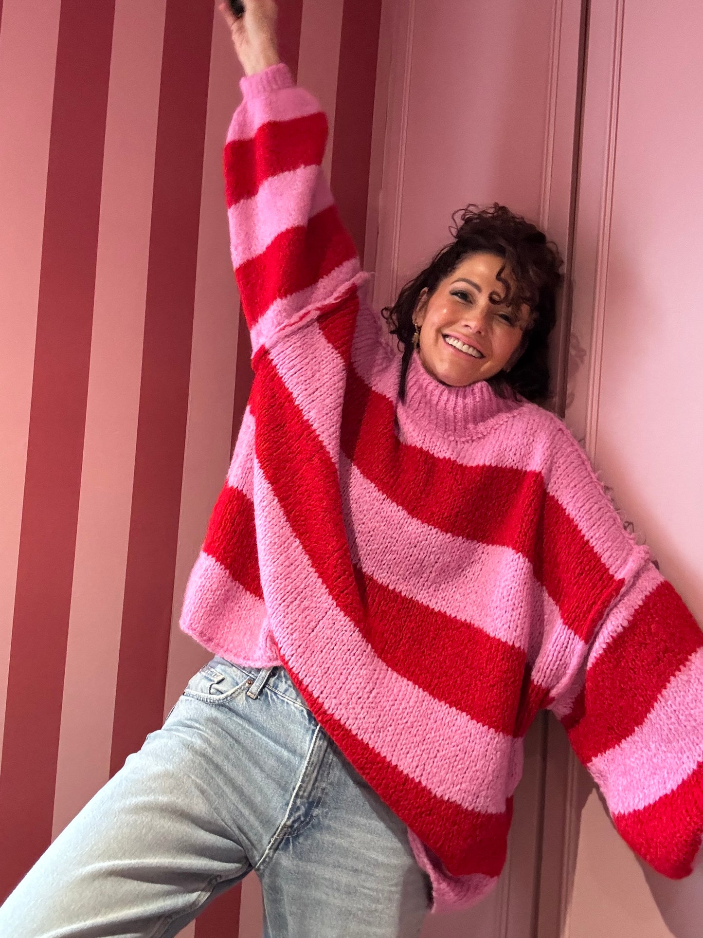 ALEX STRIPED RAW EDGE BALLOON SLEEVED JUMPER CANDY CANE RED & PINK *New