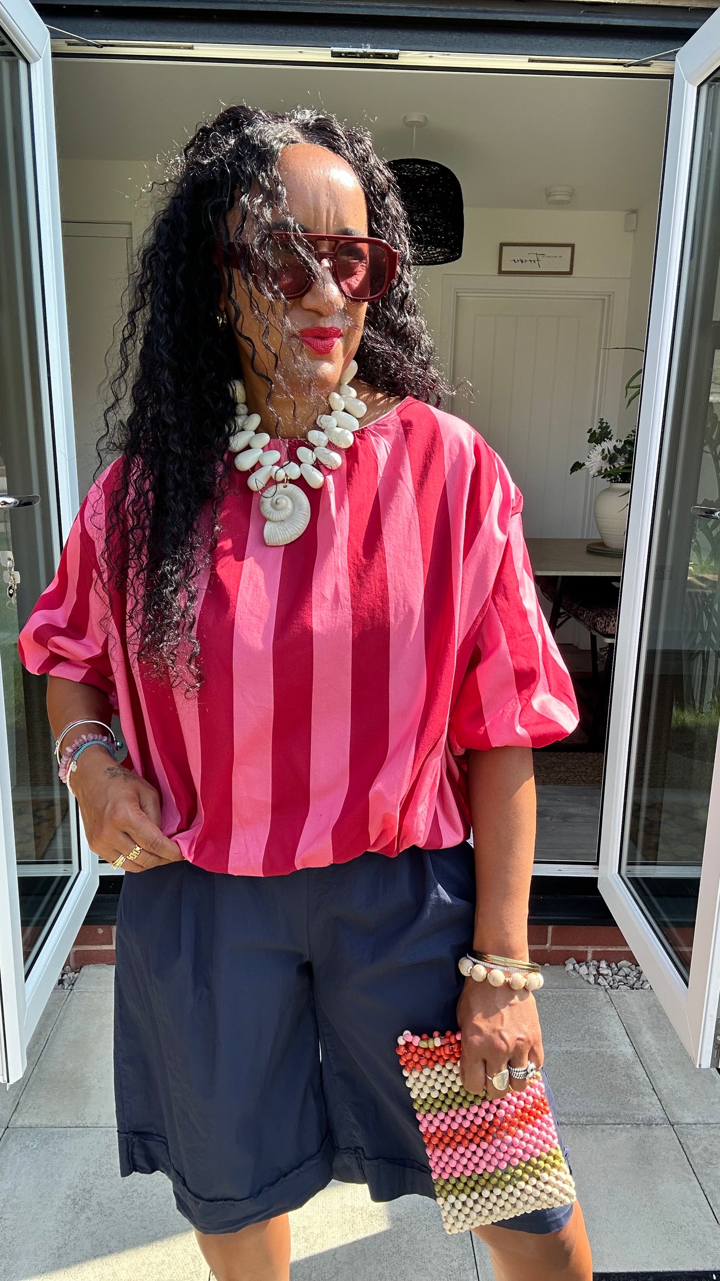 STRIPE BUBBLE HEM BLOUSE RED & PINK *New