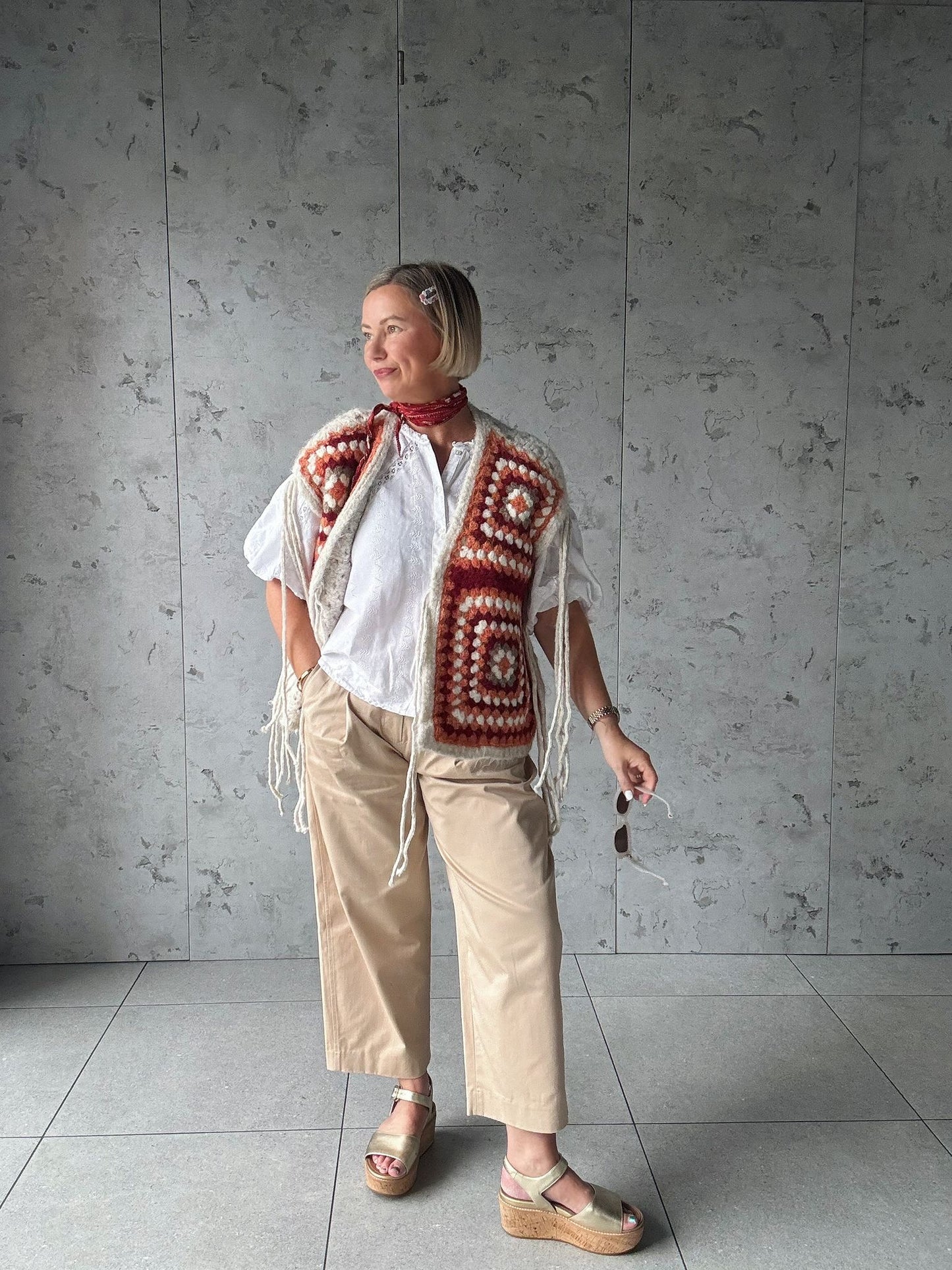 NAVAJO TASSEL OVERSIZED WAISTCOAT CREAM & TERRACOTTA *New