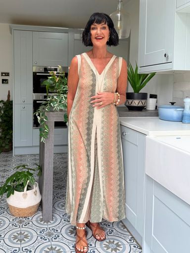 SAFI WOVEN MAXI DRESS GREEN & CREAM *New