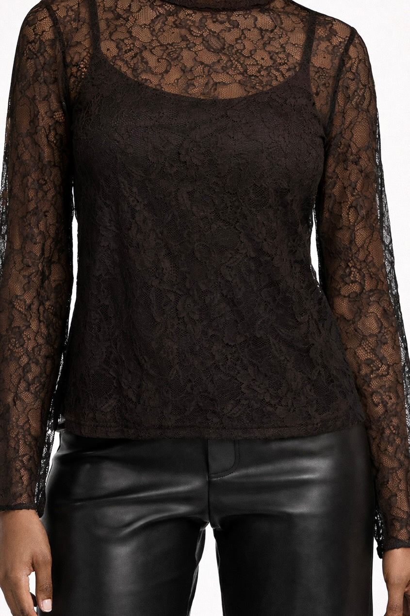 SALE PAULETTE LACE LONG SLEEVED TOP DEEP BROWN