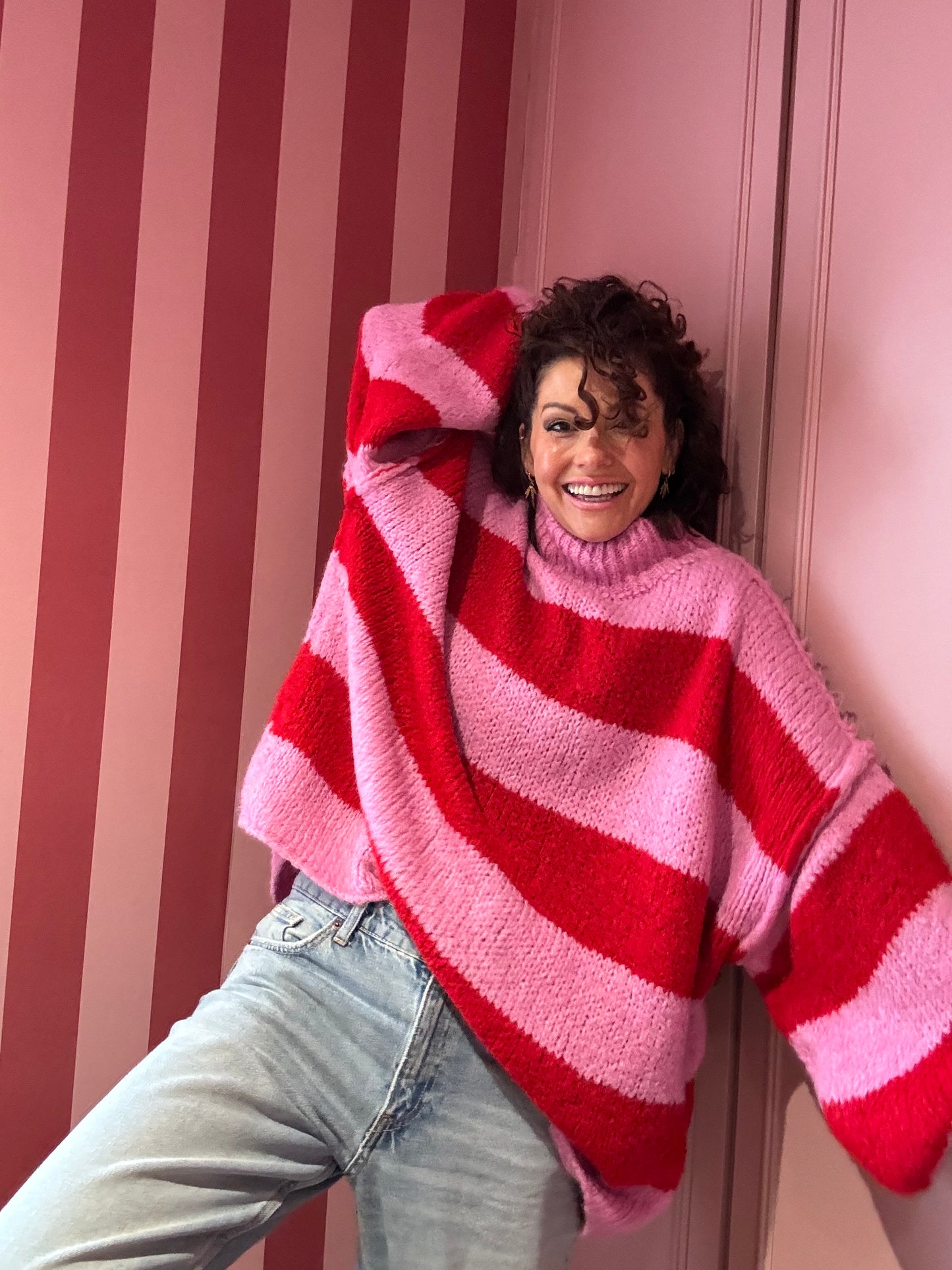ALEX STRIPED RAW EDGE BALLOON SLEEVED JUMPER CANDY CANE RED & PINK *New