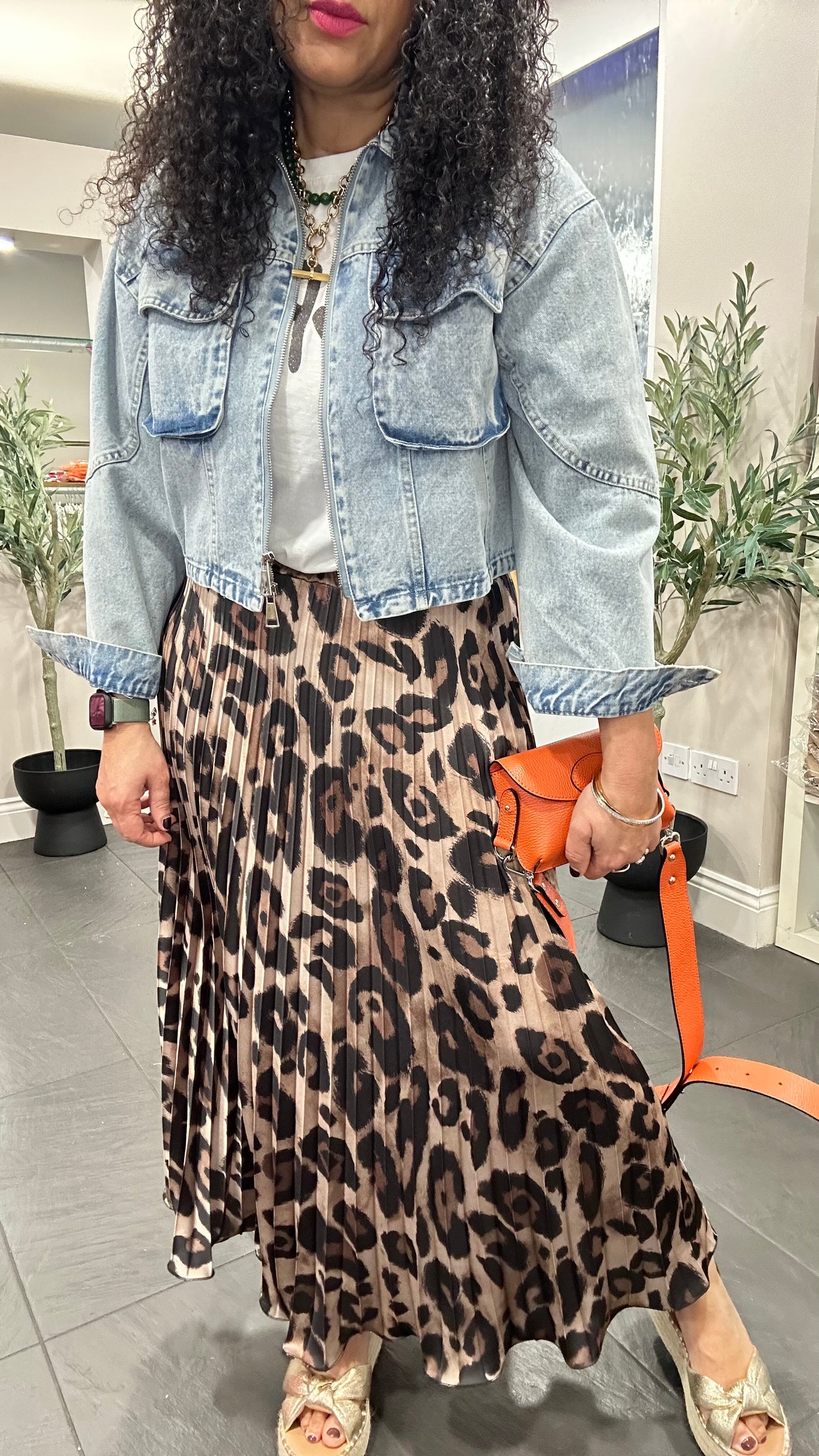 SALE ABBIE LEOPARD PRINT SATIN PLEATED MAXI SKIRT BROWN