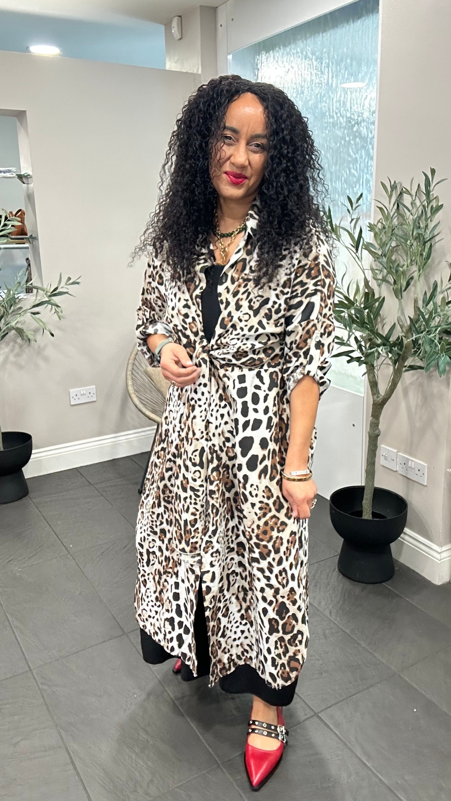 SALE CHIC TRADITIONAL LEOPARD PRINT TIE-FRONT MIDAXI DRESS