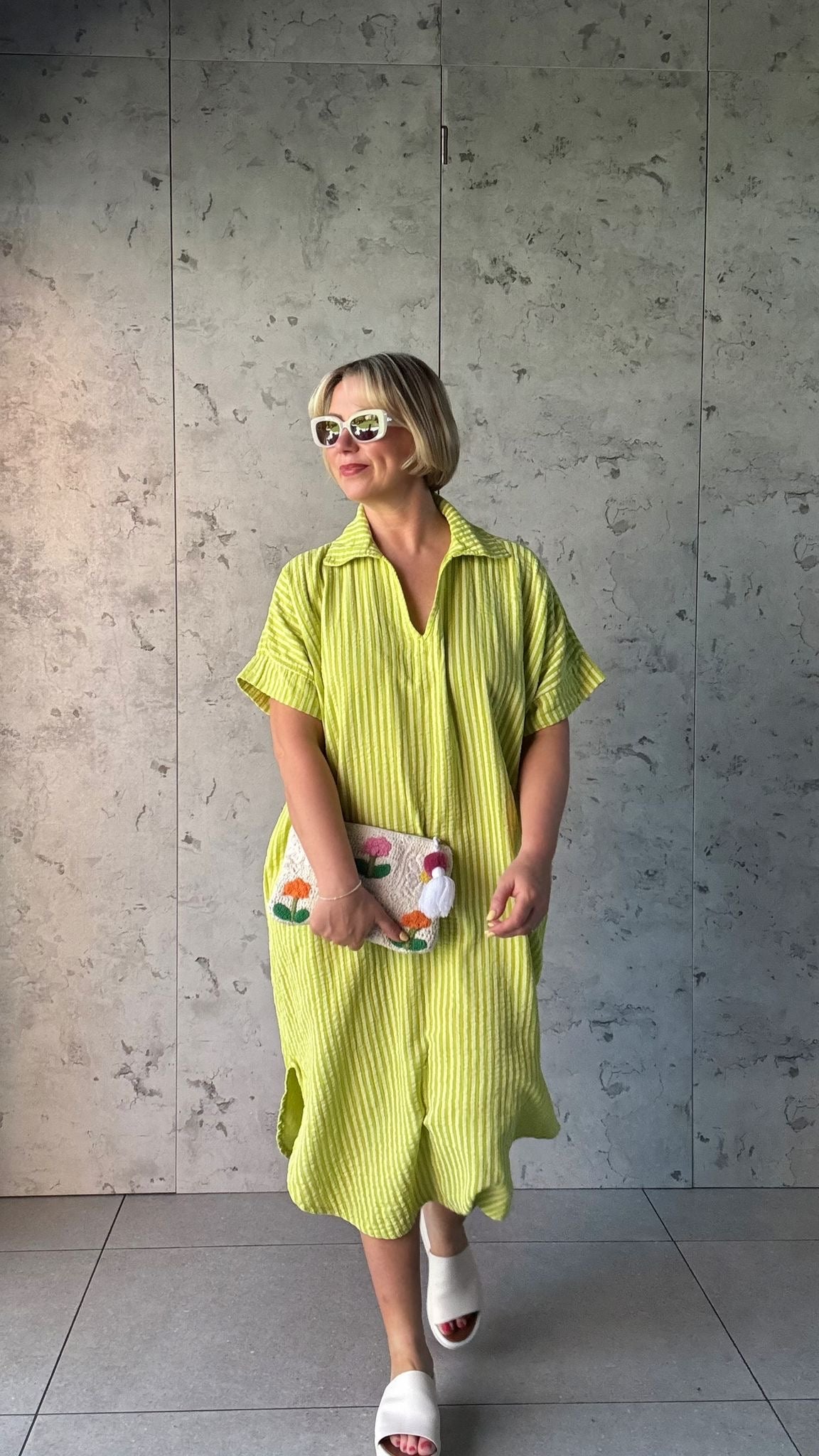 SALE TAYO STRIPED TUNIC DRESS LIME GREEN