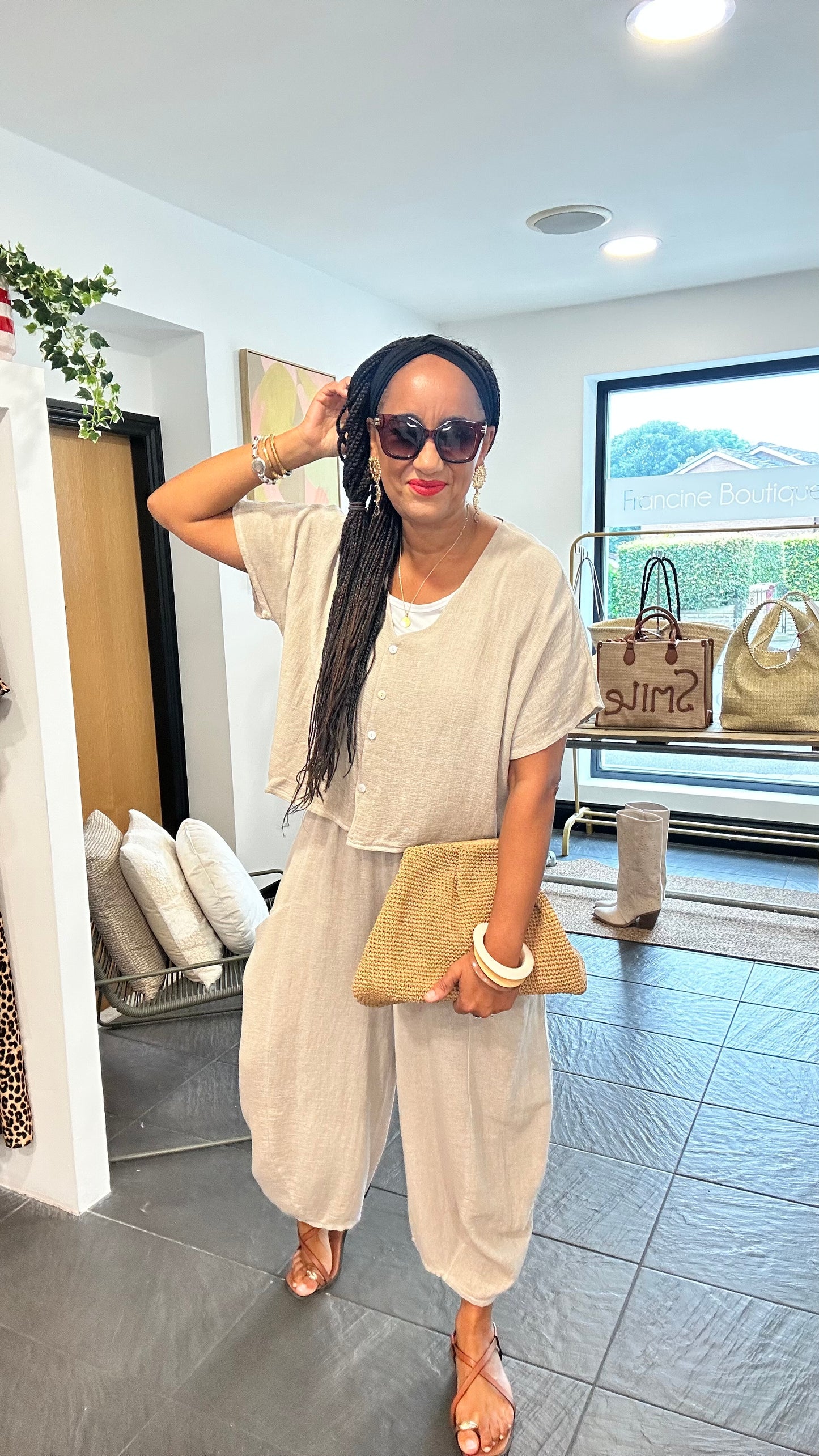 DERBY LINEN OVERSIZED BOXY TOP STONE