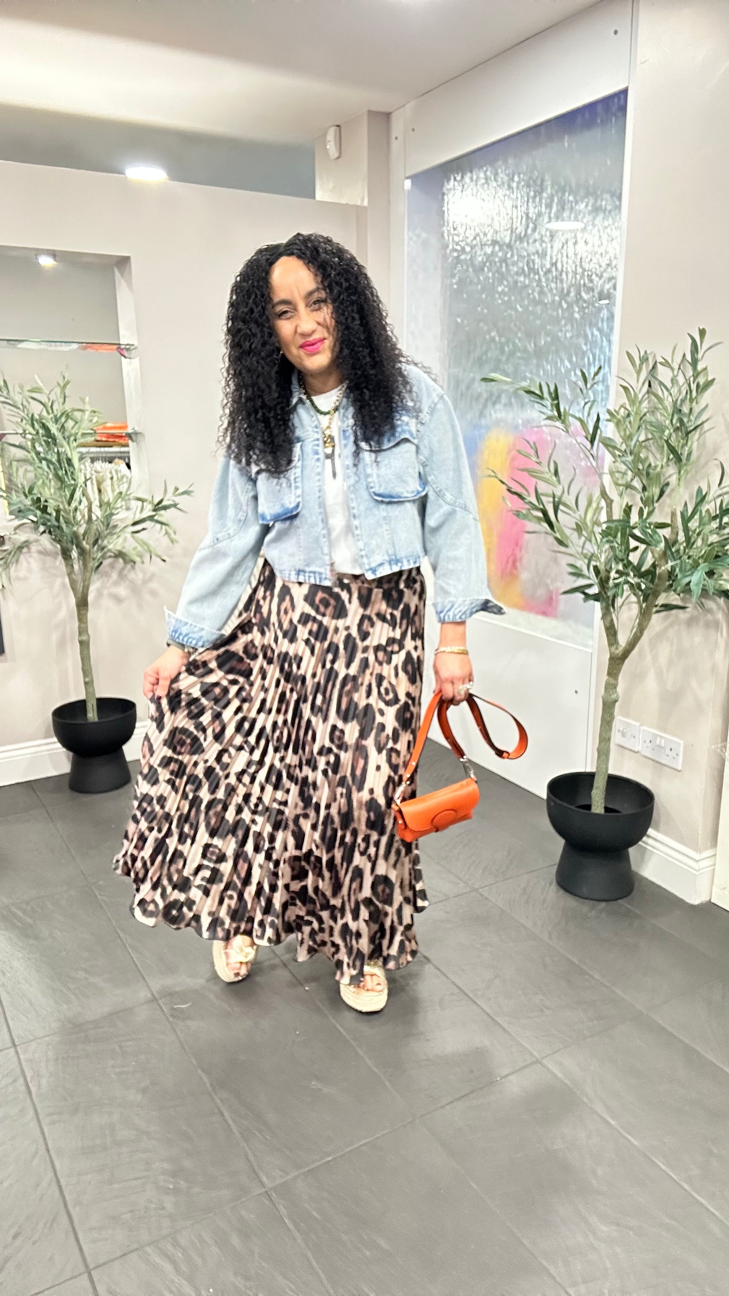 SALE ABBIE LEOPARD PRINT SATIN PLEATED MAXI SKIRT BROWN