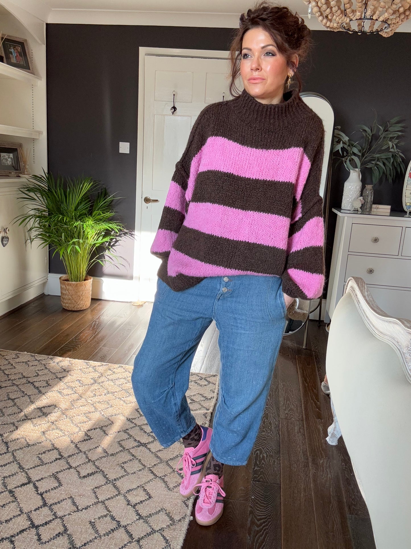 ALEX STRIPED RAW EDGE BALLOON SLEEVED JUMPER RASPBERRY TRUFFLE PINK & CHOCOLATE *New