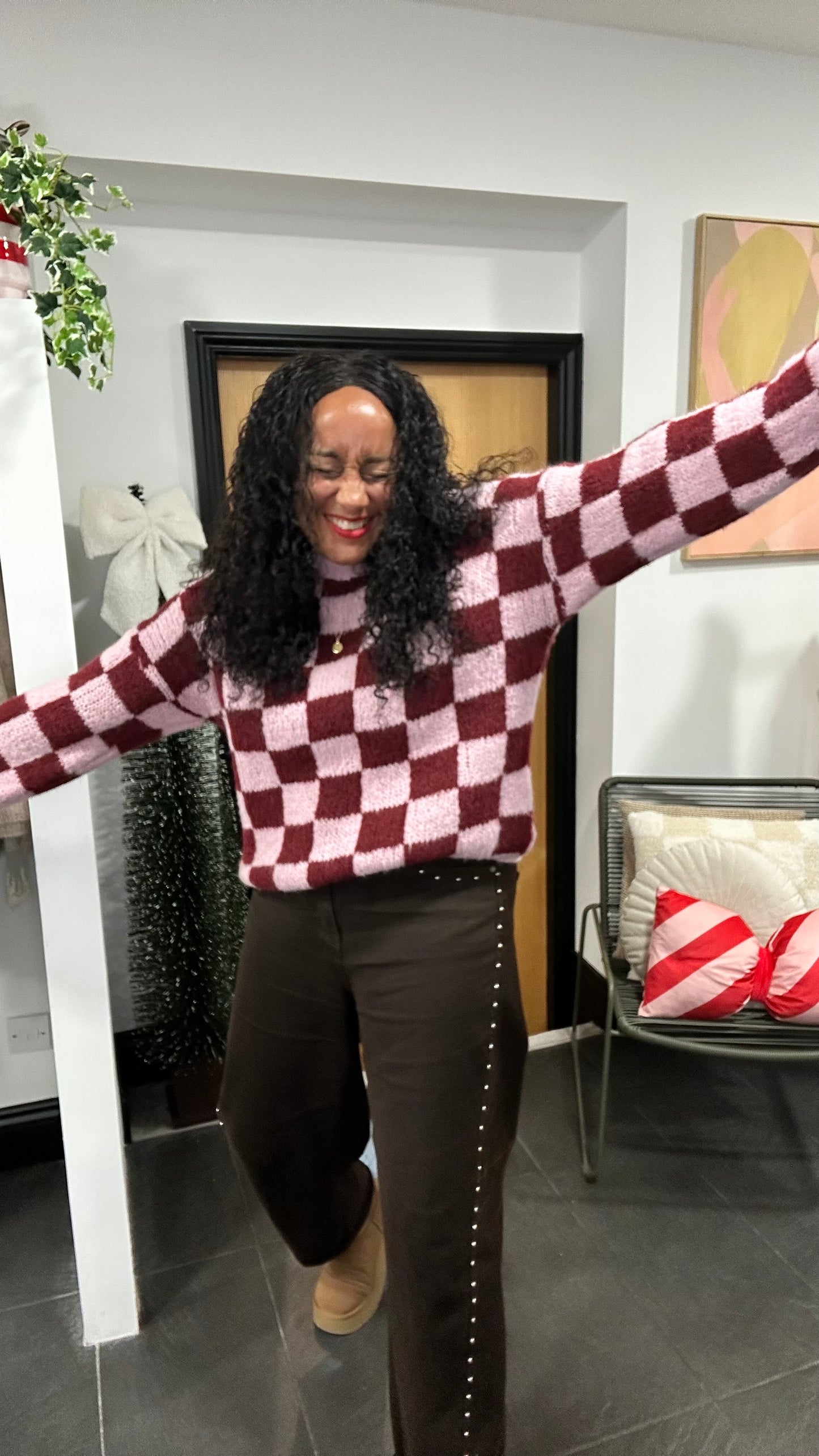 CHECKERBOARD KNIT SKY CHERRY RED & PINK *New