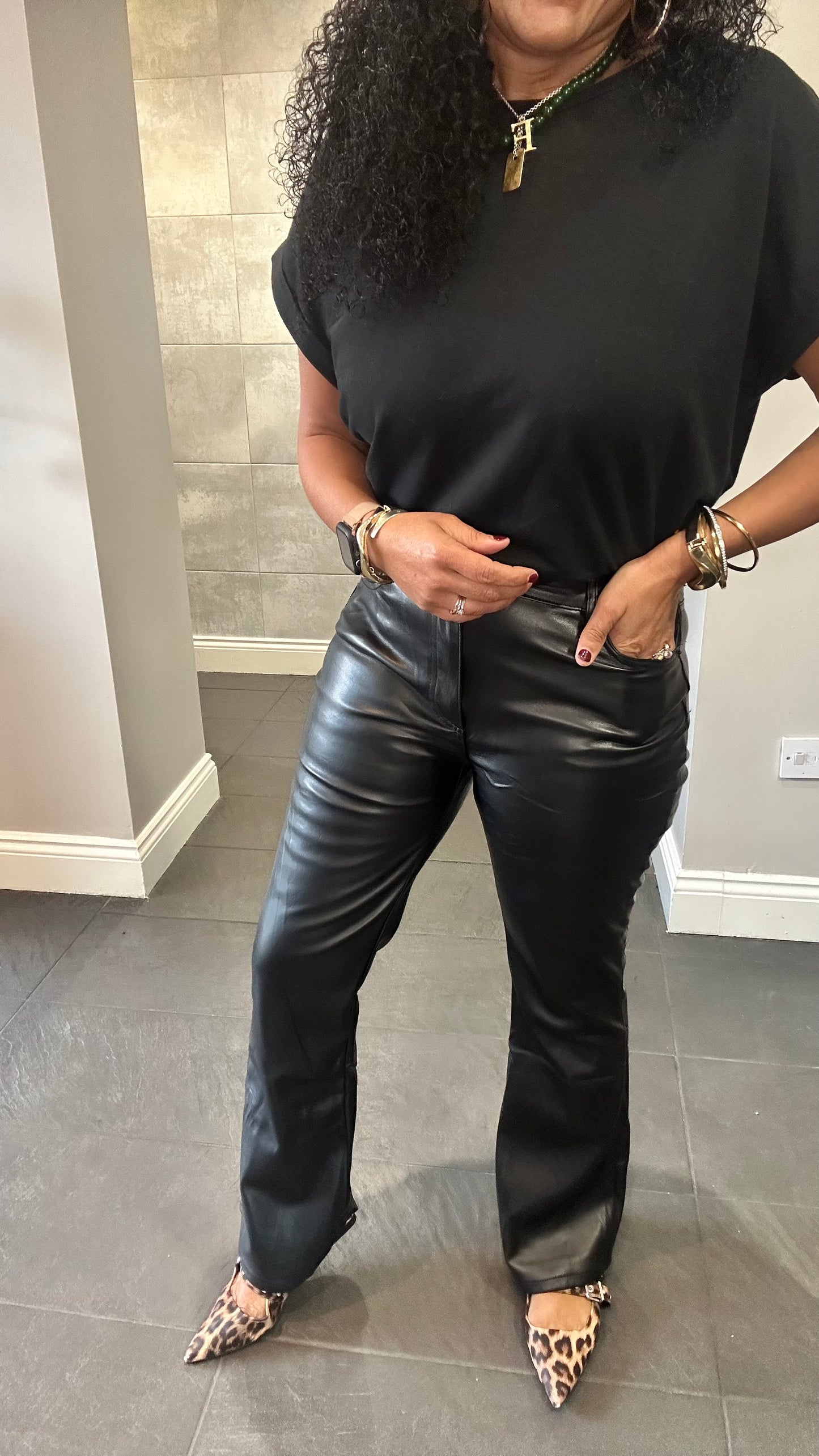 SALE LAULIA FAUX LEATHER SKINNY FLARED TROUSERS BLACK