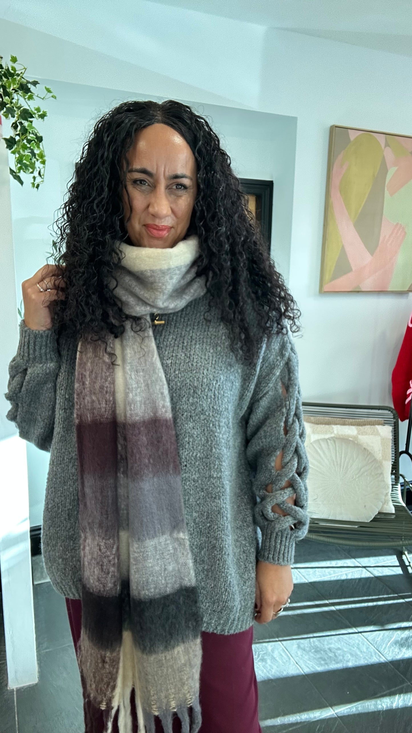 PLAID CHECK BLANKET SCARF PLUM *New