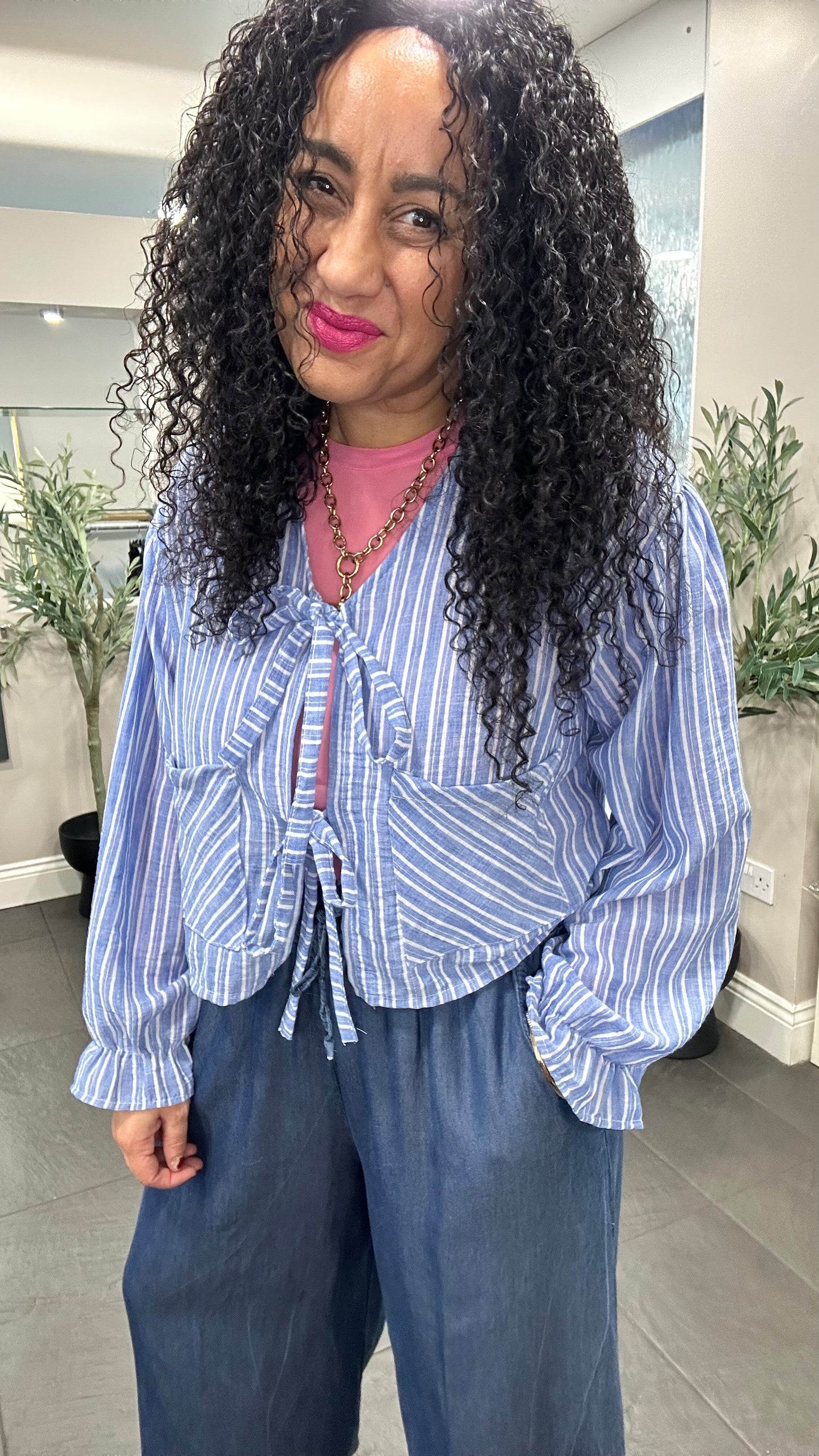 SALE AMY STRIPED TIE BLOUSE BLUE