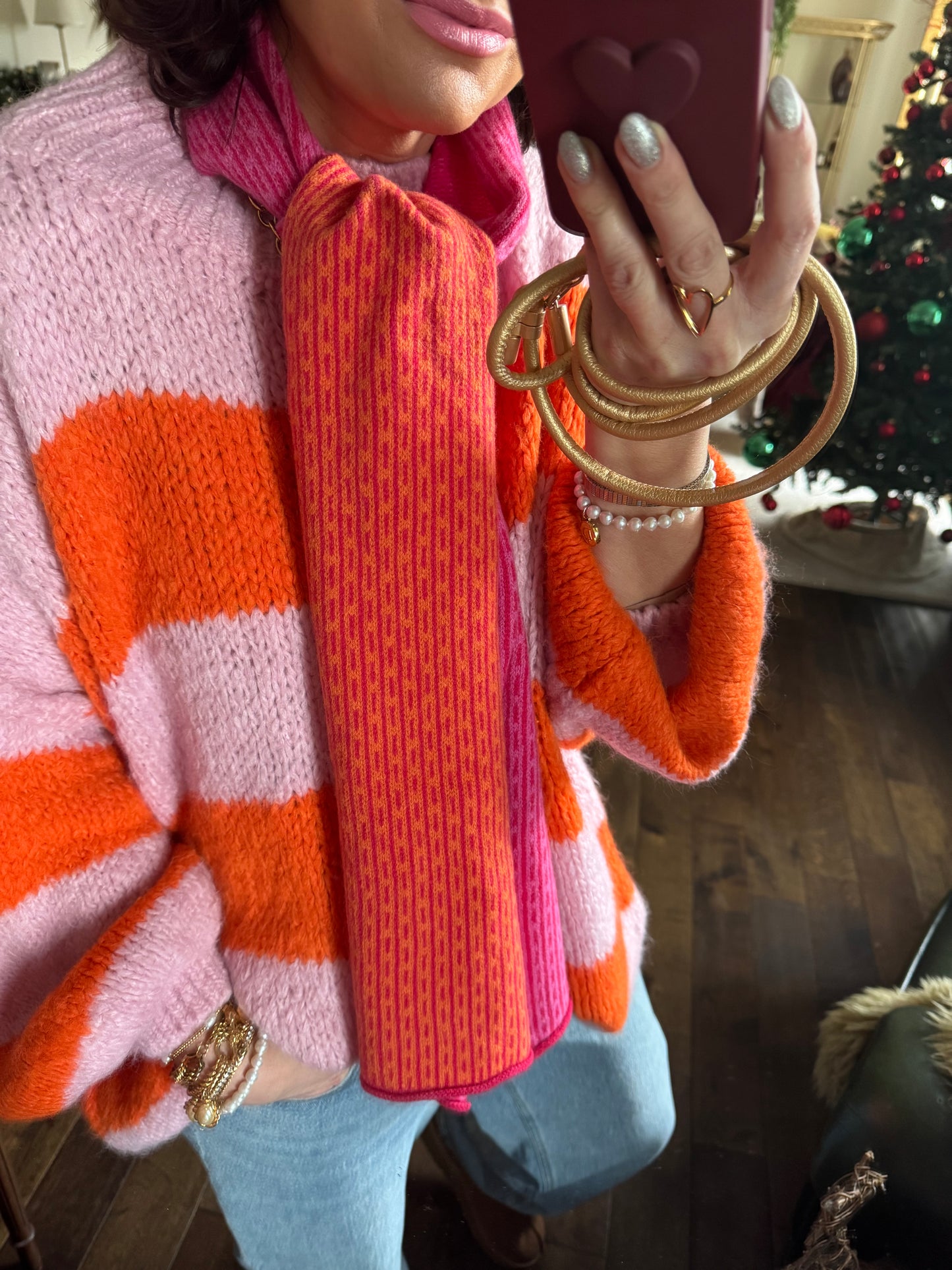 ALEX STRIPED RAW EDGE BALLOON SLEEVED JUMPER FRUIT SALAD ORANGE & PINK *New