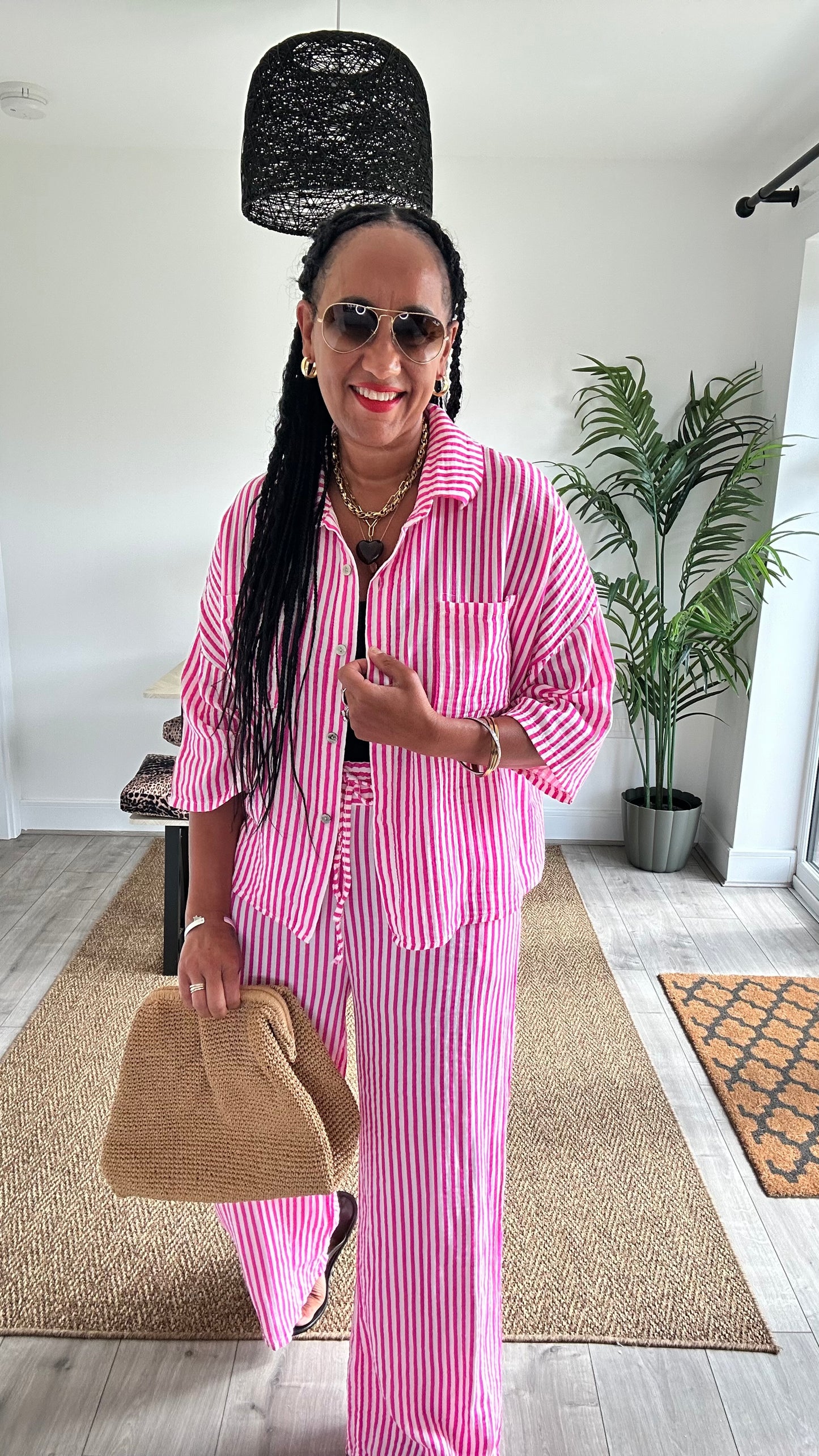 IBIZA ABE STRIPE SHIRT COORD SET PINK *New