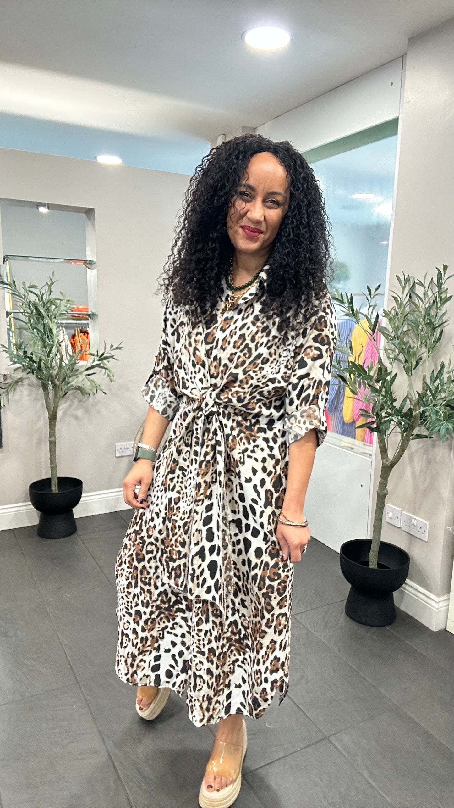 SALE CHIC TRADITIONAL LEOPARD PRINT TIE-FRONT MIDAXI DRESS