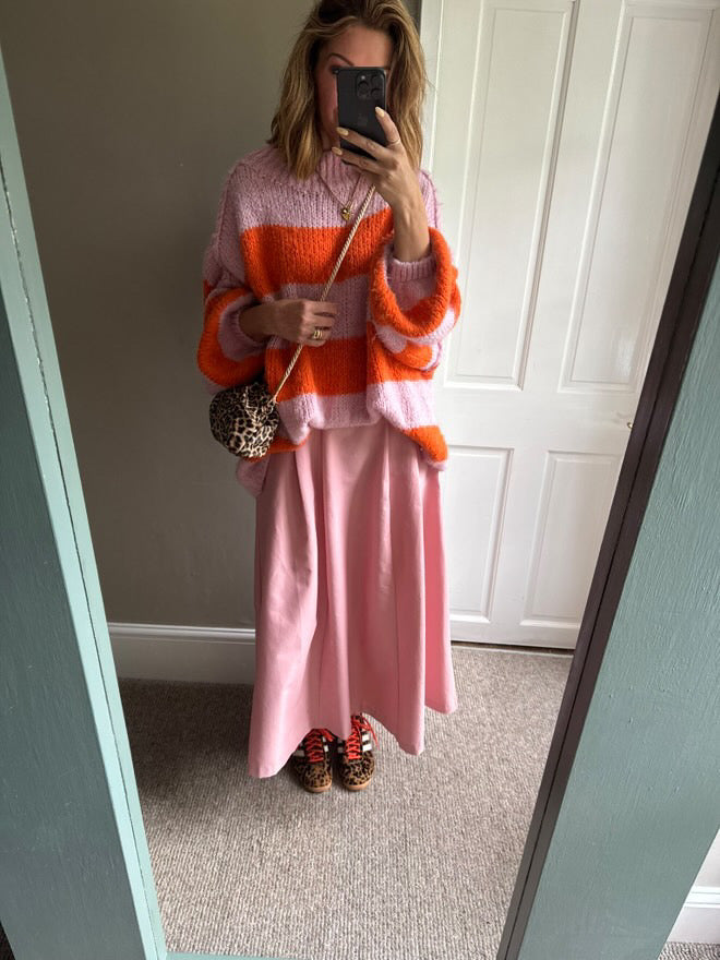 ALEX STRIPED RAW EDGE BALLOON SLEEVED JUMPER FRUIT SALAD ORANGE & PINK *New