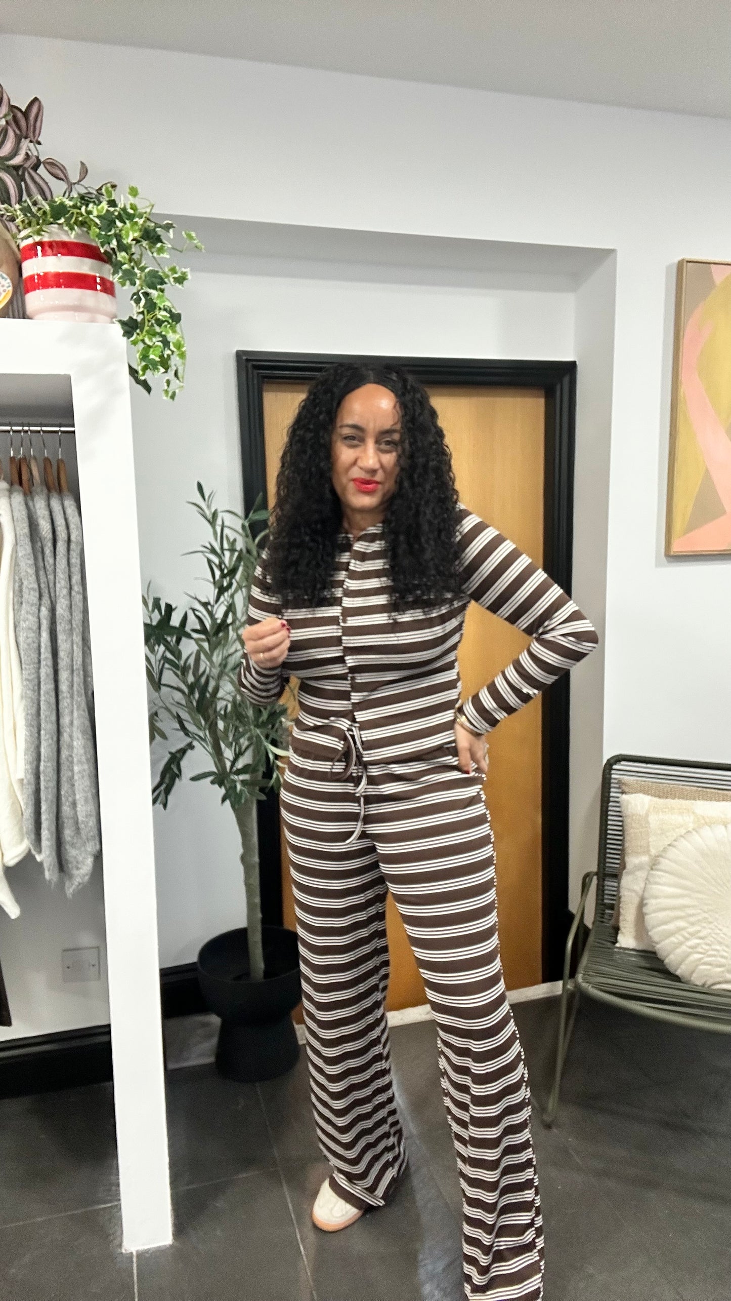 PALOMO STRIPED LOUNGEWEAR SET BROWN *New