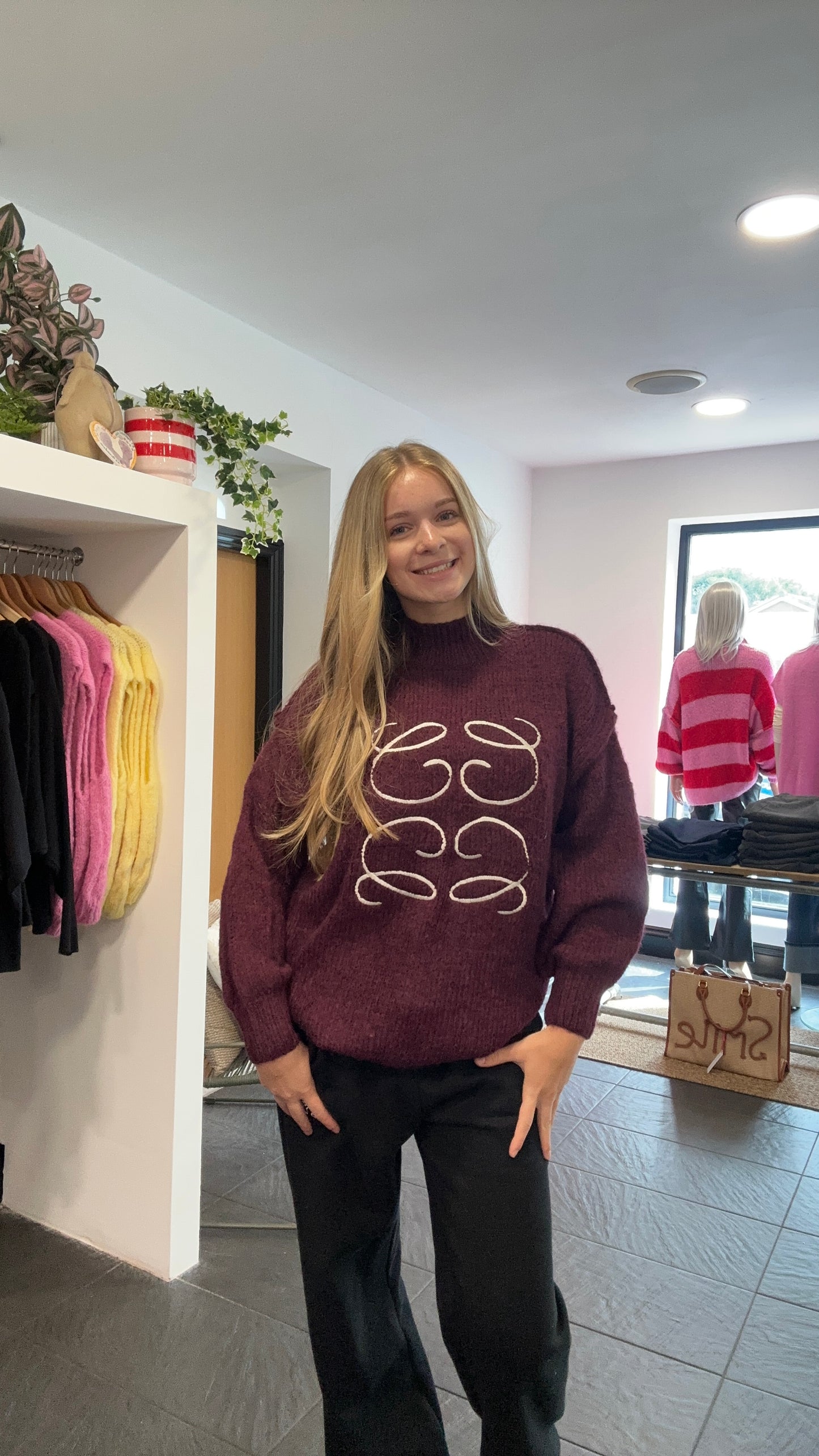 EVIE EMBROIDERY STITCH JUMPER BURGUNDY *New