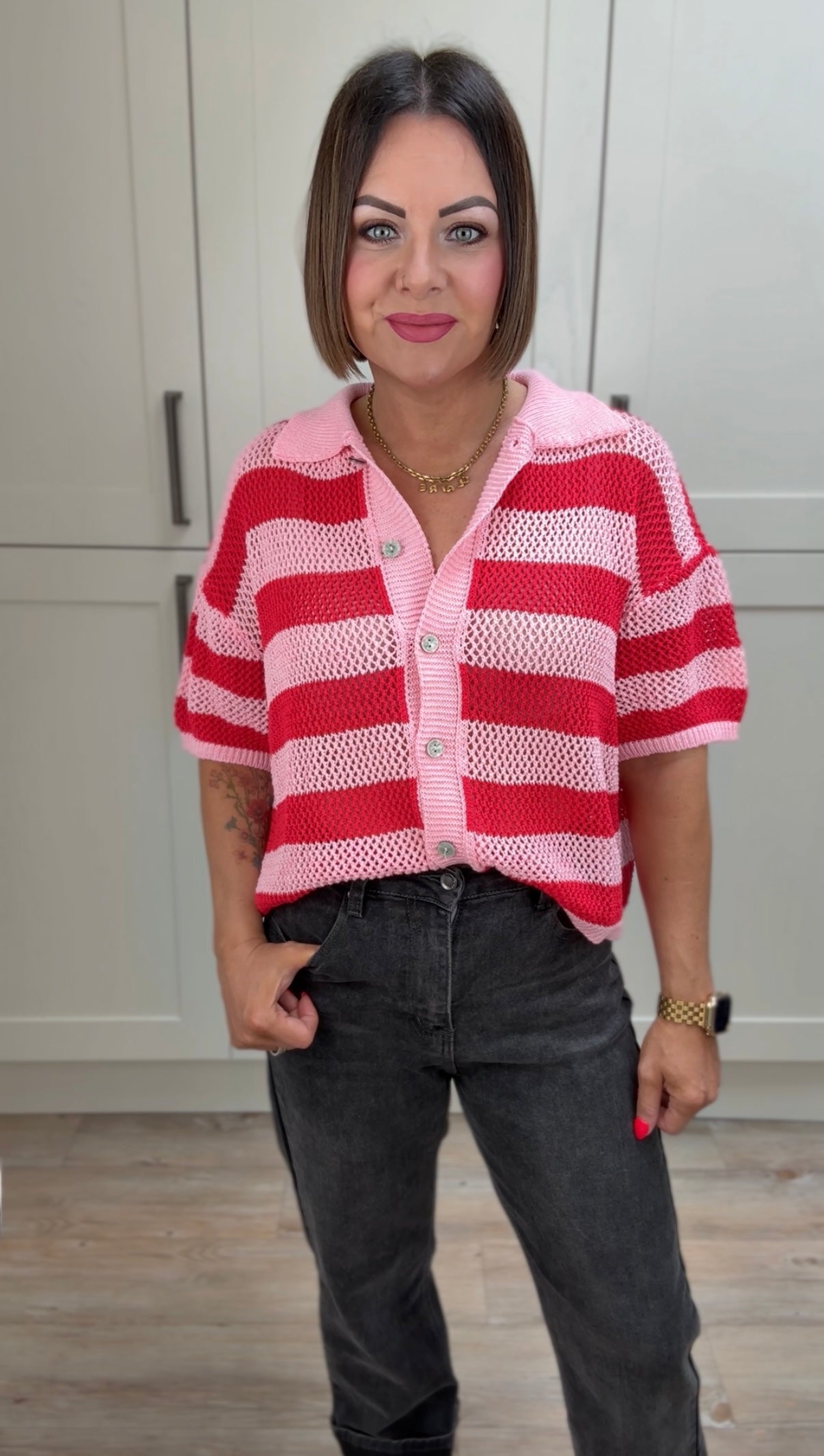 ALEXIS FISHERMAN KNIT CARDIGAN RED & PINK *New