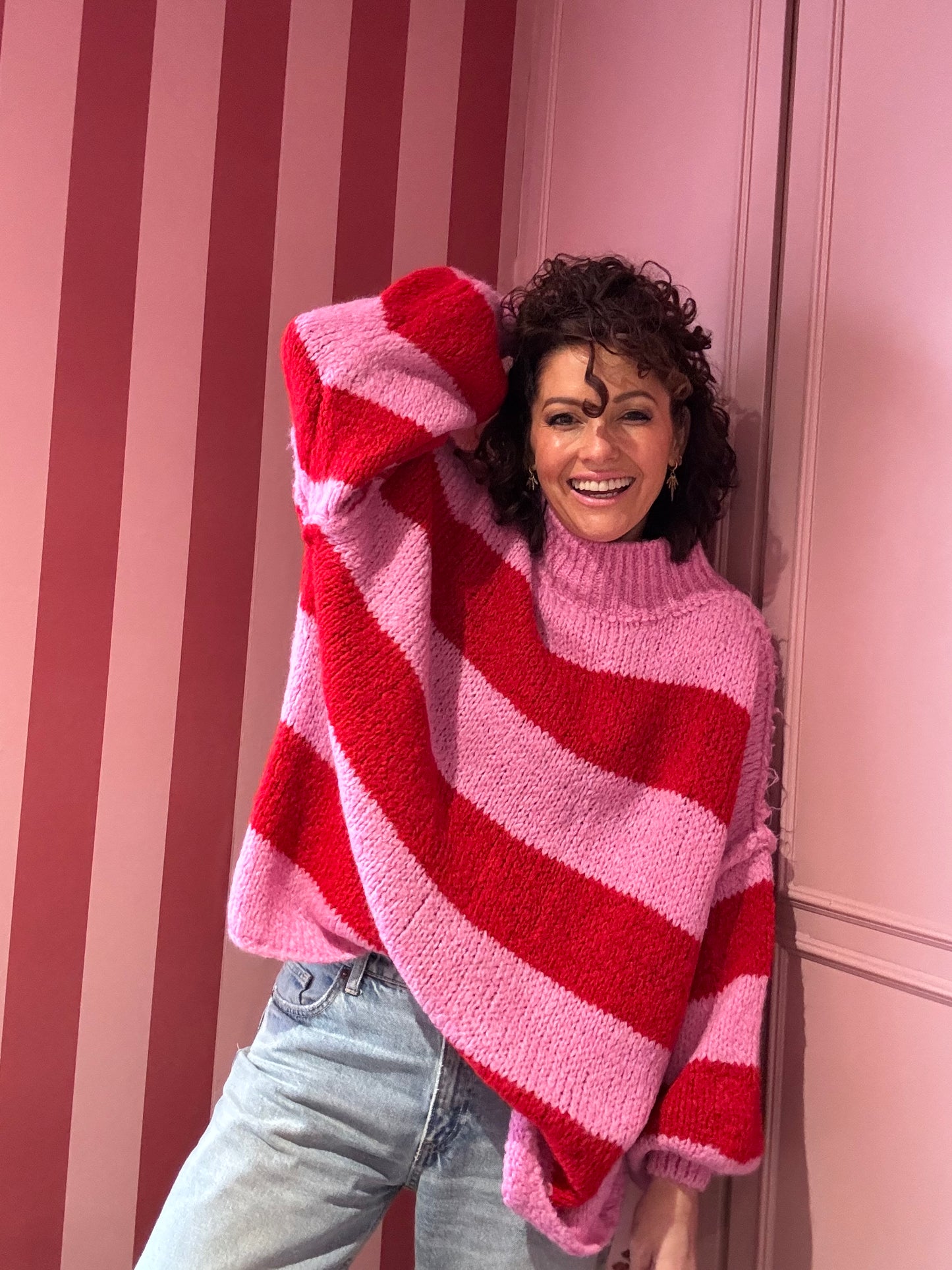 ALEX STRIPED RAW EDGE BALLOON SLEEVED JUMPER CANDY CANE RED & PINK *New