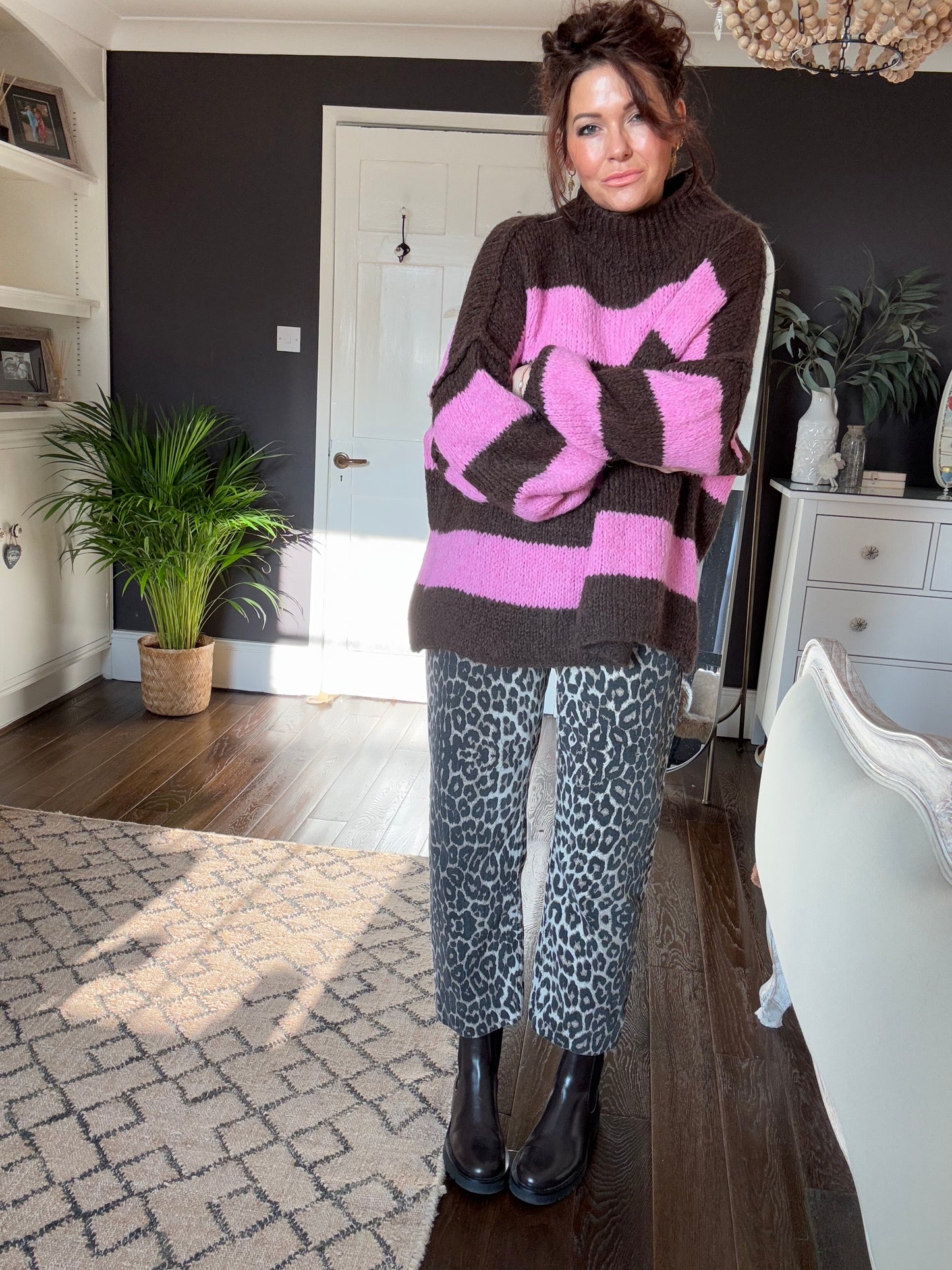 ALEX STRIPED RAW EDGE BALLOON SLEEVED JUMPER RASPBERRY TRUFFLE PINK & CHOCOLATE *New
