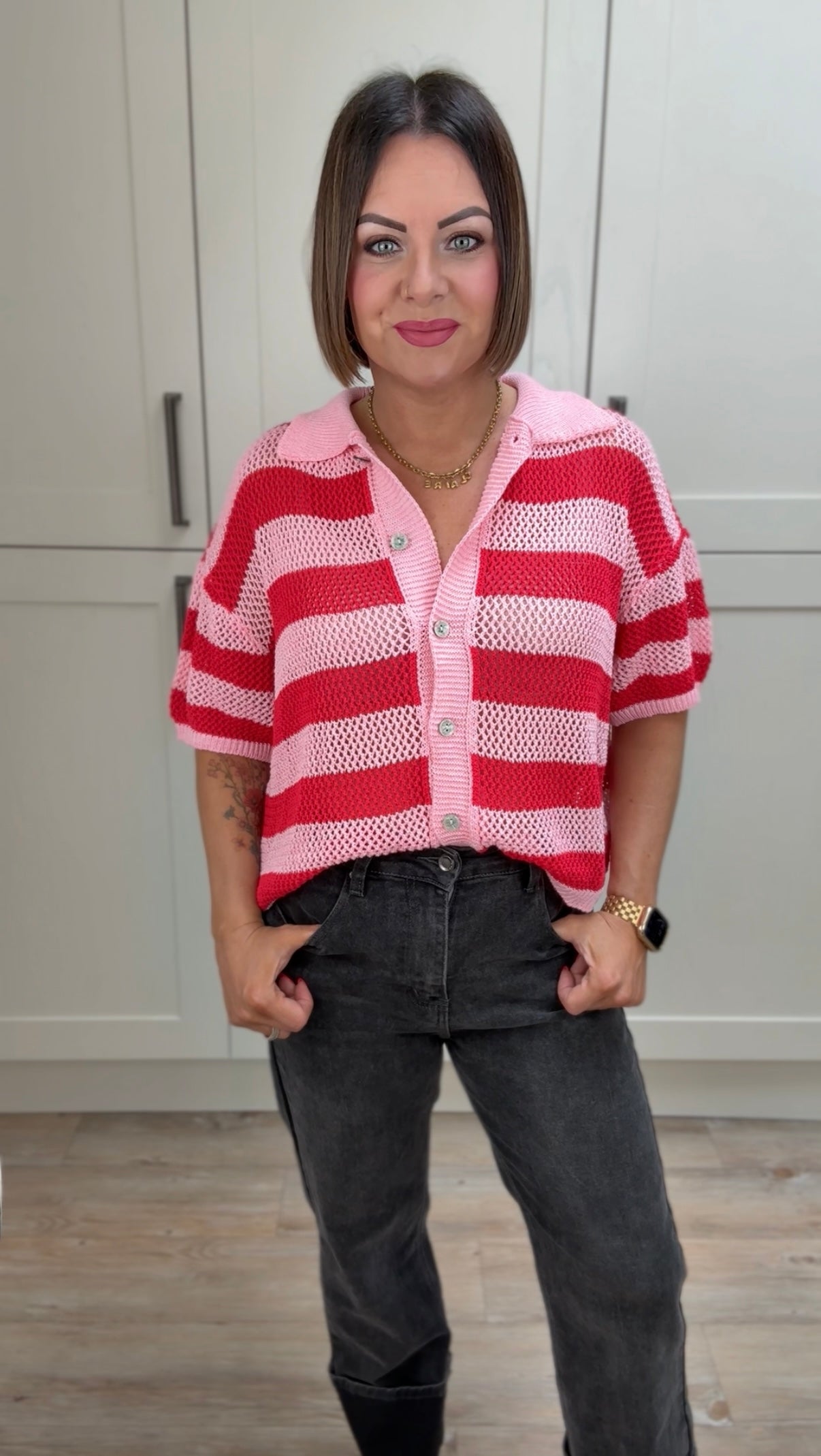 ALEXIS FISHERMAN KNIT CARDIGAN RED & PINK *New