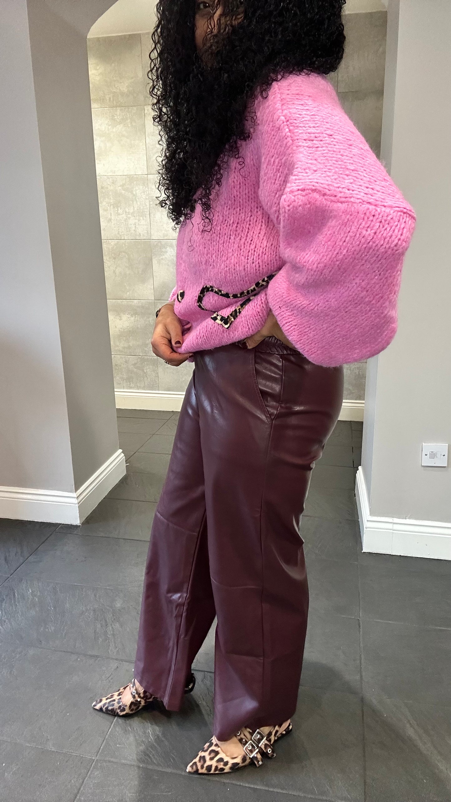 SALE MAE FAUX LEATHER PAPERBAG TROUSERS BURGUNDY