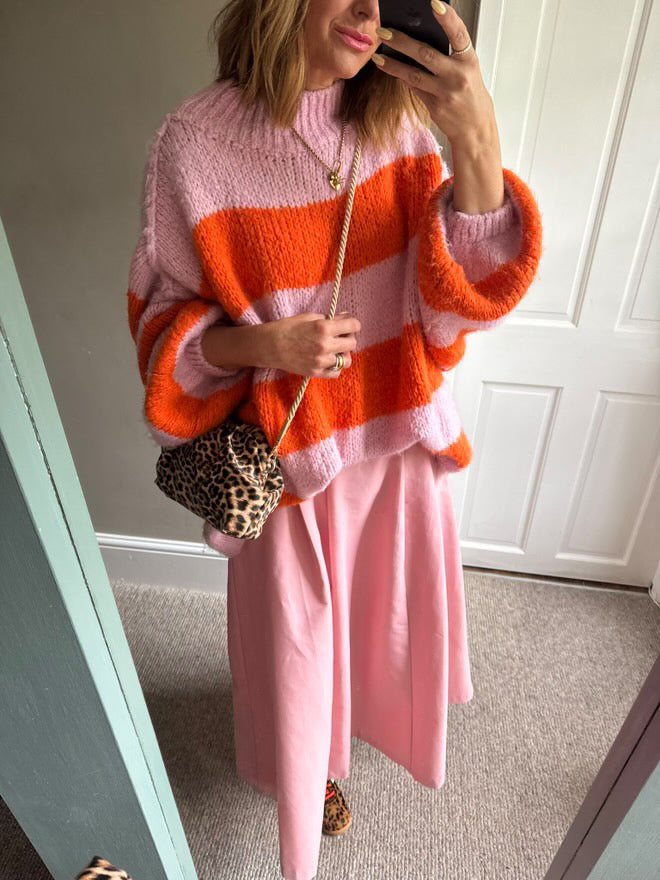 ALEX STRIPED RAW EDGE BALLOON SLEEVED JUMPER FRUIT SALAD ORANGE & PINK *New