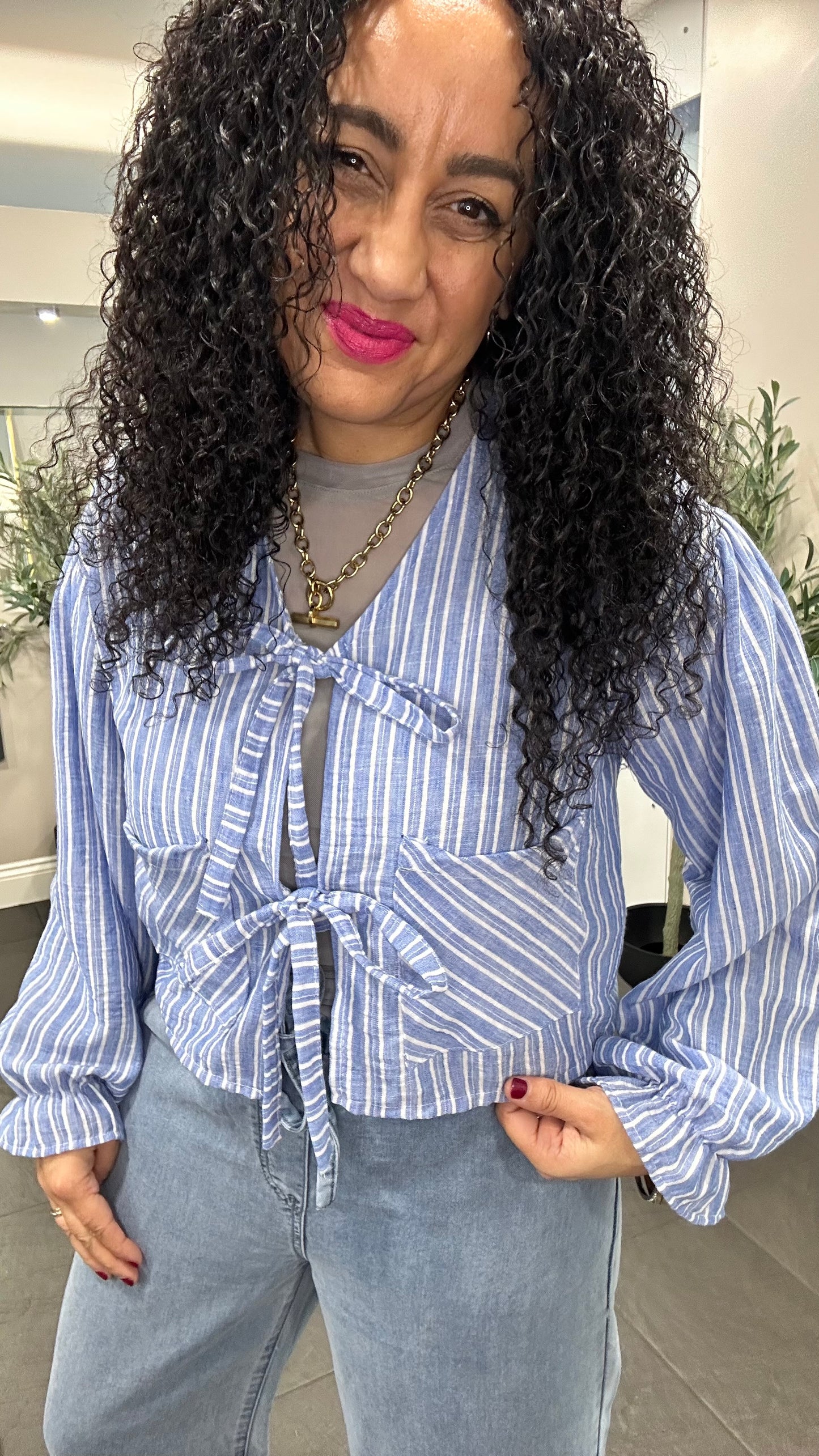 SALE AMY STRIPED TIE BLOUSE BLUE