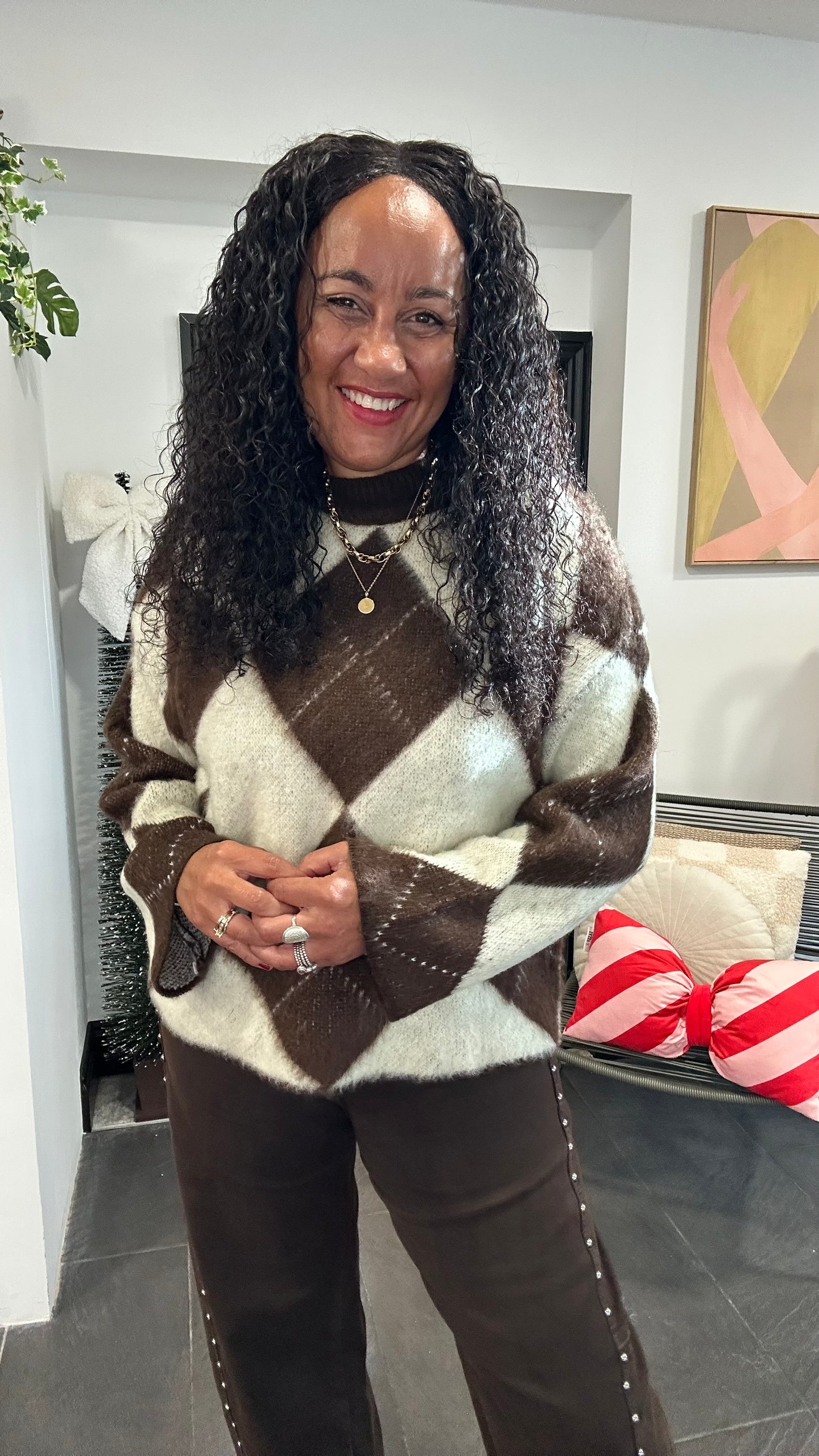 Sale VOUGE ARGYLE DIAMOND JUMPER LEMON & BROWN