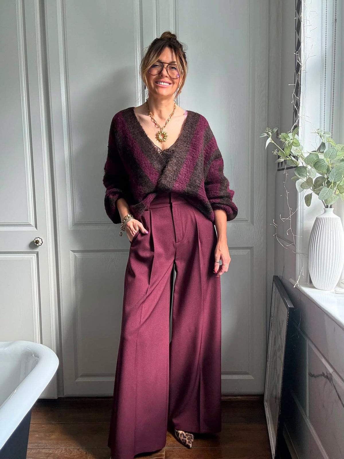 VESA STRIPE CARDIGAN BURGUNDY & BROWN *New