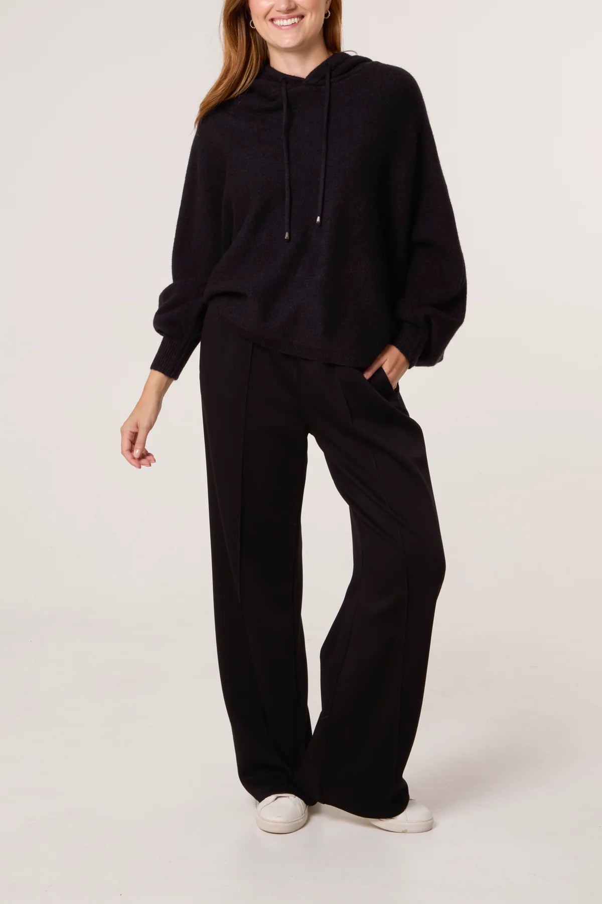 PUFF SLEEVE BOXY KNIT HOODIE BLACK *New
