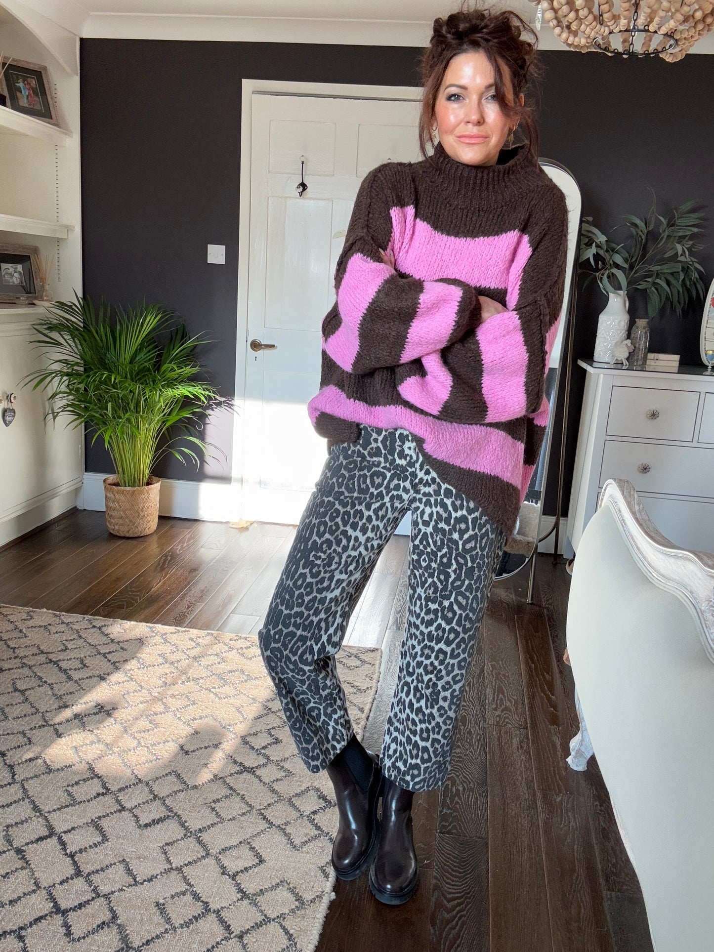 ALEX STRIPED RAW EDGE BALLOON SLEEVED JUMPER RASPBERRY TRUFFLE PINK & CHOCOLATE *New