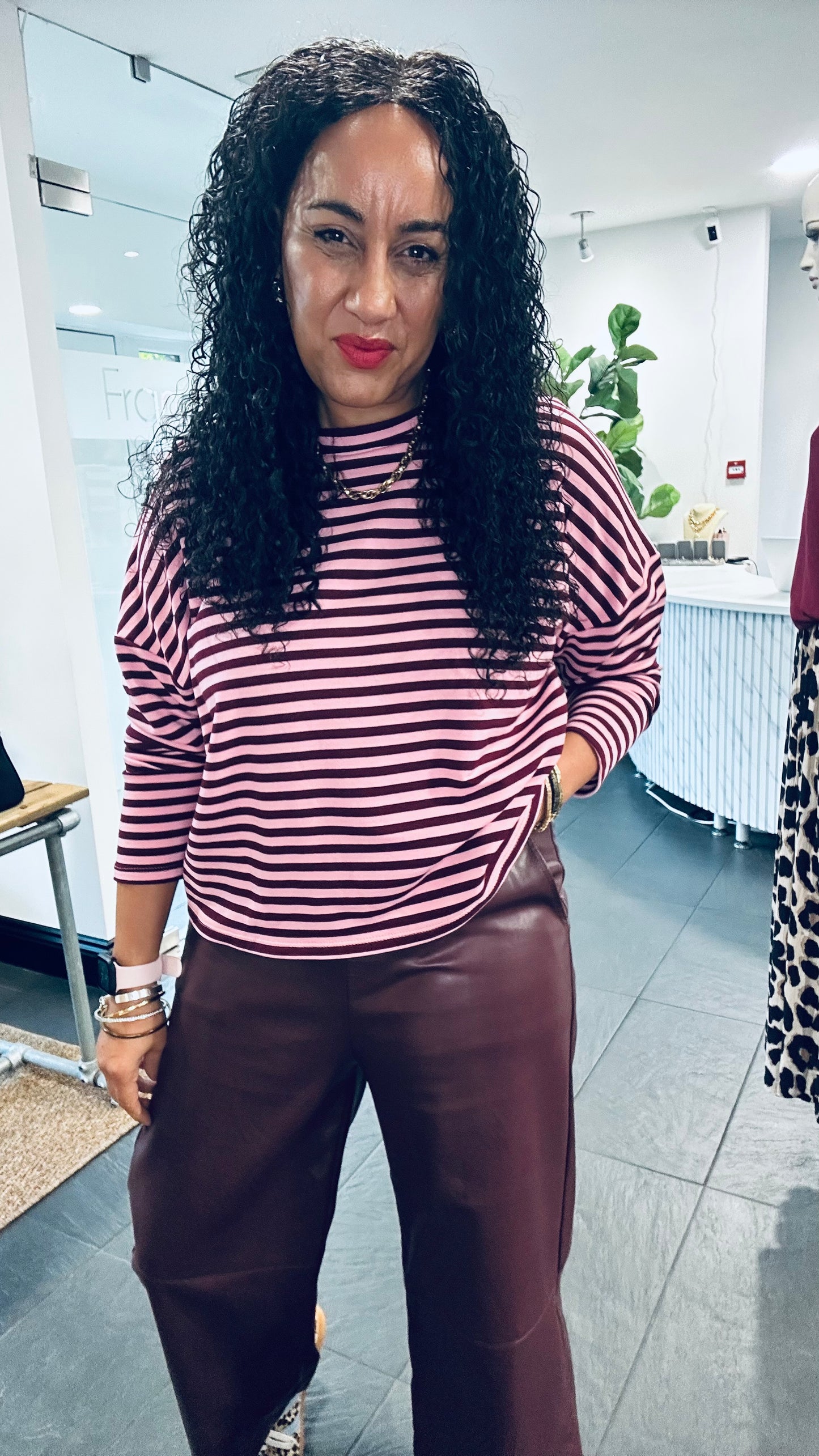 STRIPE LONG SLEEVED JERSEY TOP BURGUNDY & PINK *New